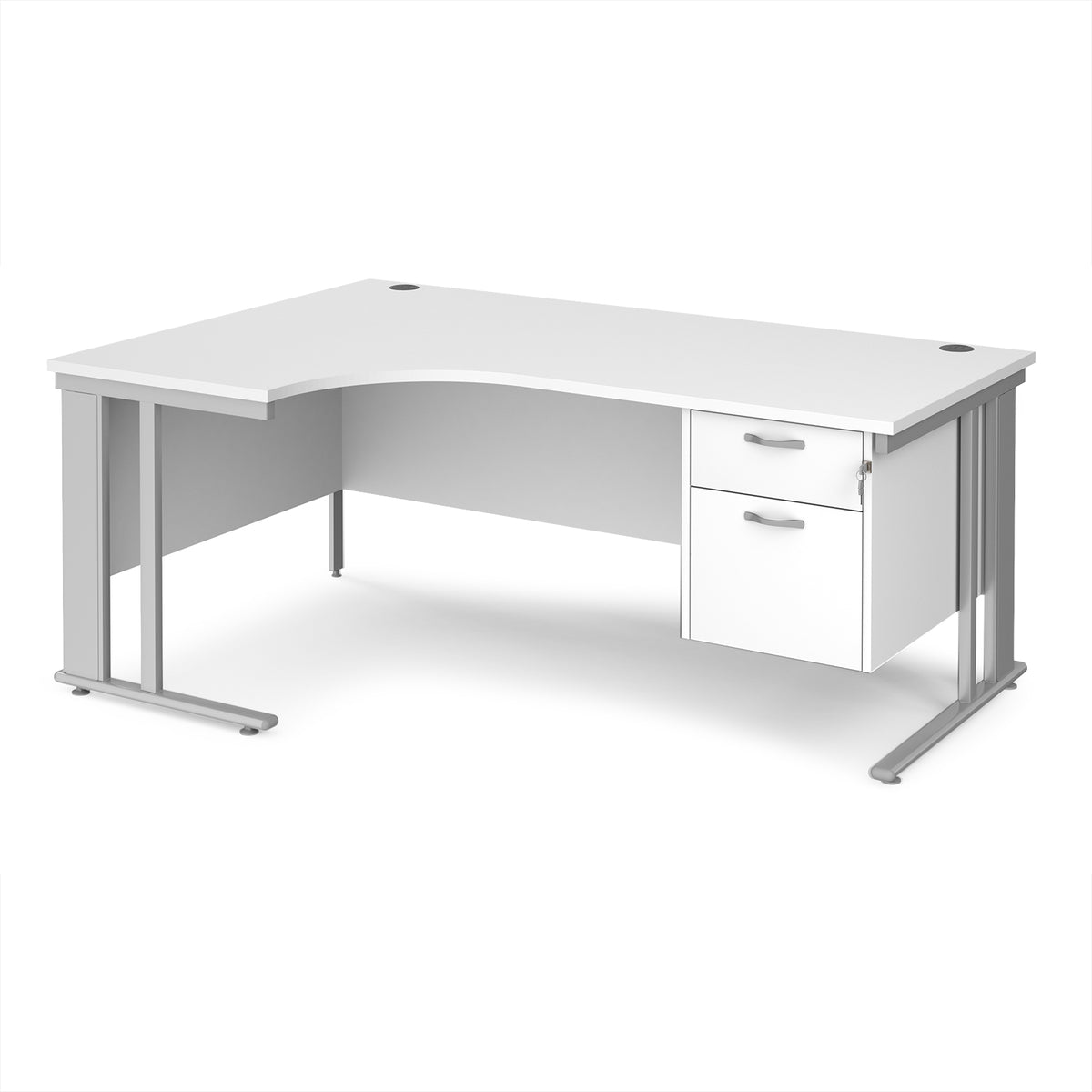 Maestro 25 left hand ergonomic desk 1800mm wide with 2 drawer pedestal - silver cable managed leg frame, White Top - view 1