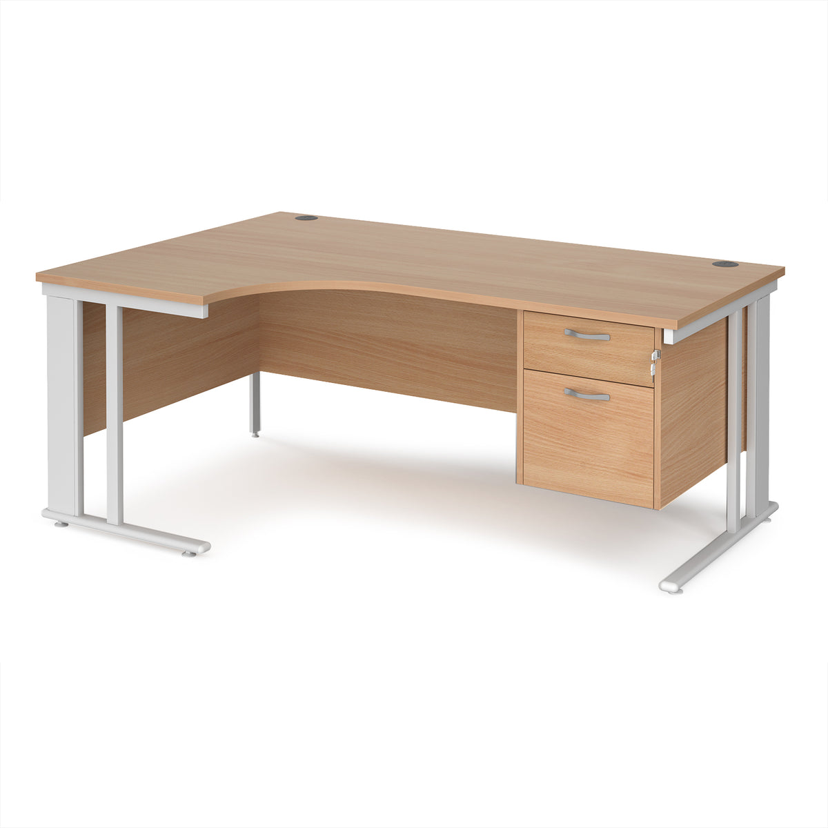 Maestro 25 left hand ergonomic desk 1800mm wide with 2 drawer pedestal - white cable managed leg frame, Beech top - view 1