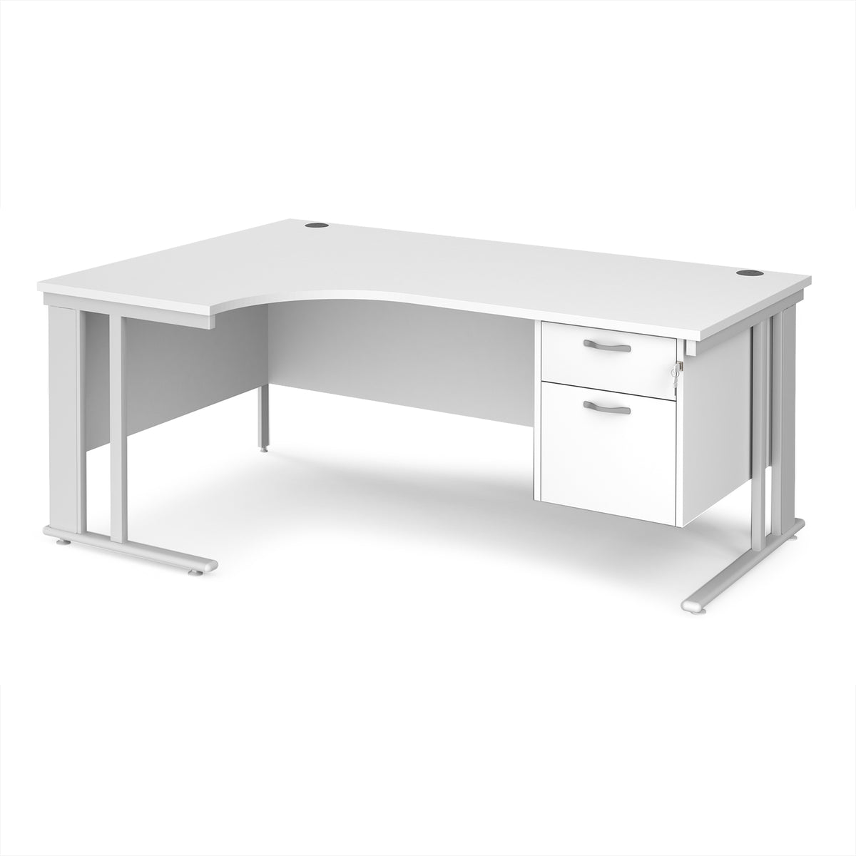 Maestro 25 left hand ergonomic desk 1800mm wide with 2 drawer pedestal - white cable managed leg frame, White Top - view 1