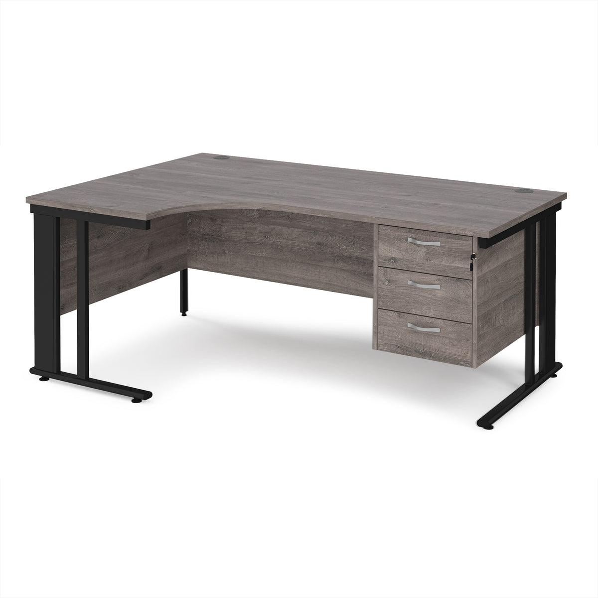 Maestro 25 left hand ergonomic desk 1800mm wide with 3 drawer pedestal - black cable managed leg frame, Grey Oak Top - view 1