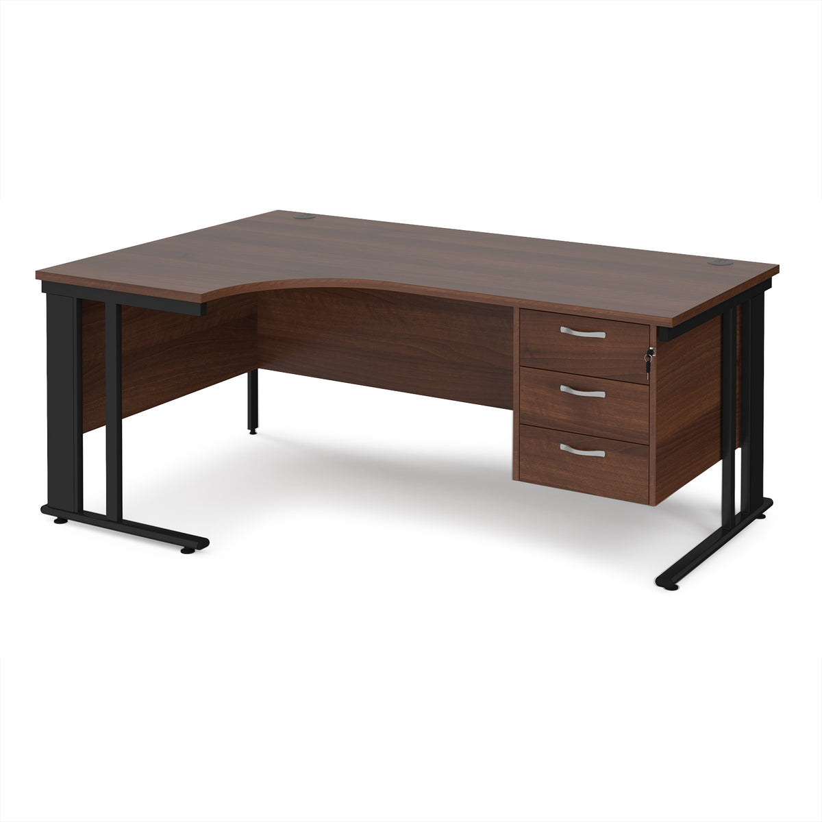 Maestro 25 left hand ergonomic desk 1800mm wide with 3 drawer pedestal - black cable managed leg frame, Walnut top - view 1