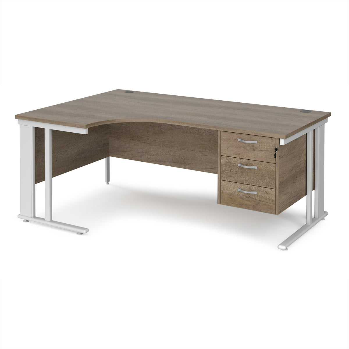 Maestro 25 left hand ergonomic desk 1800mm wide with 3 drawer pedestal - white cable managed leg frame, Nebraska Oak Top - view 1