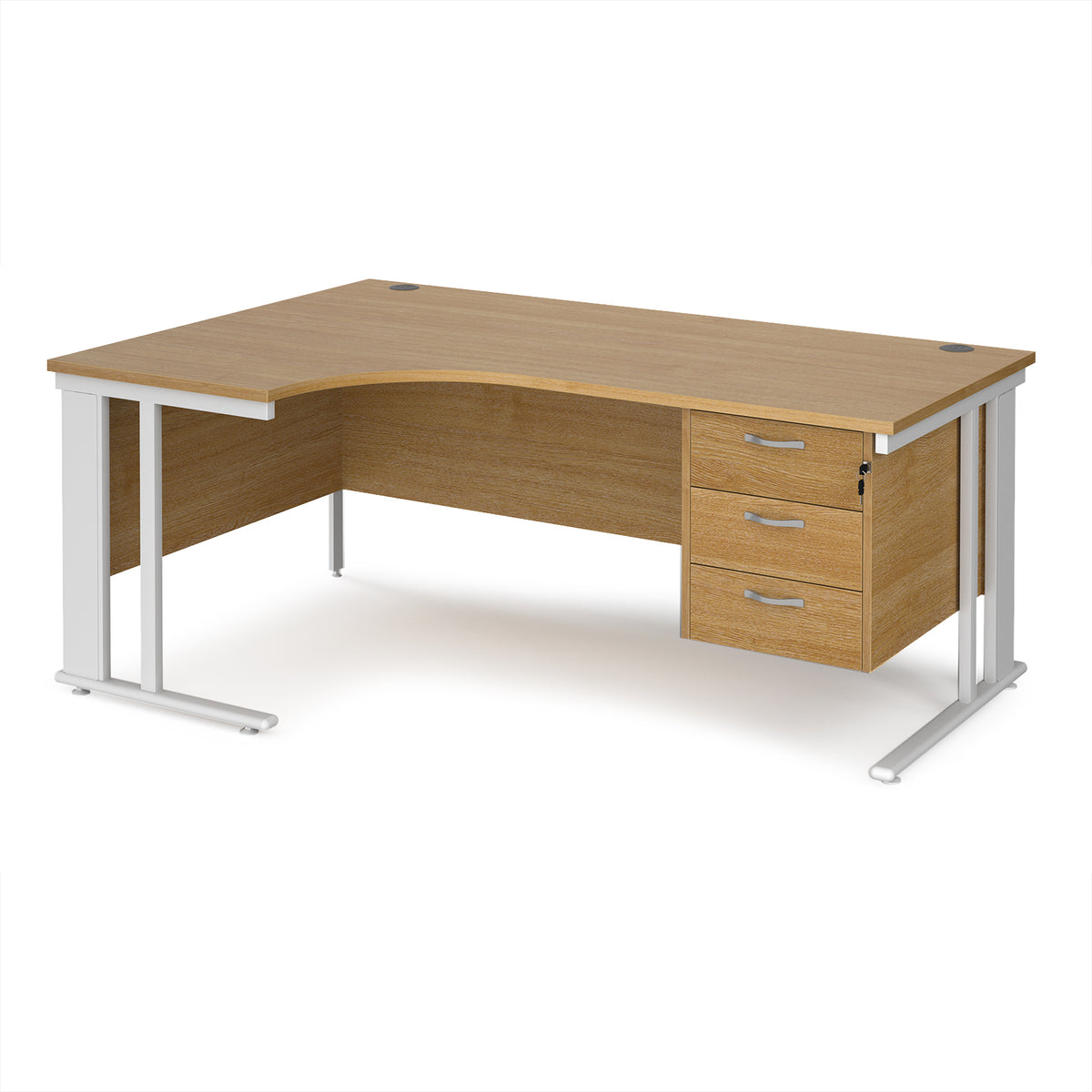 Maestro 25 left hand ergonomic desk 1800mm wide with 3 drawer pedestal - white cable managed leg frame, Oak Top - view 1