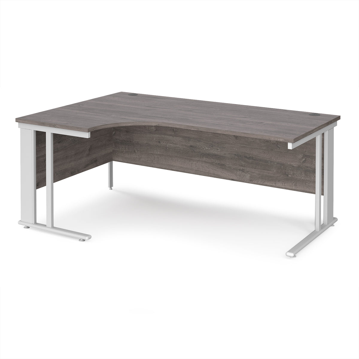 Maestro 25 left hand ergonomic desk 1800mm wide - white cable managed leg frame, Grey Oak Top - view 1