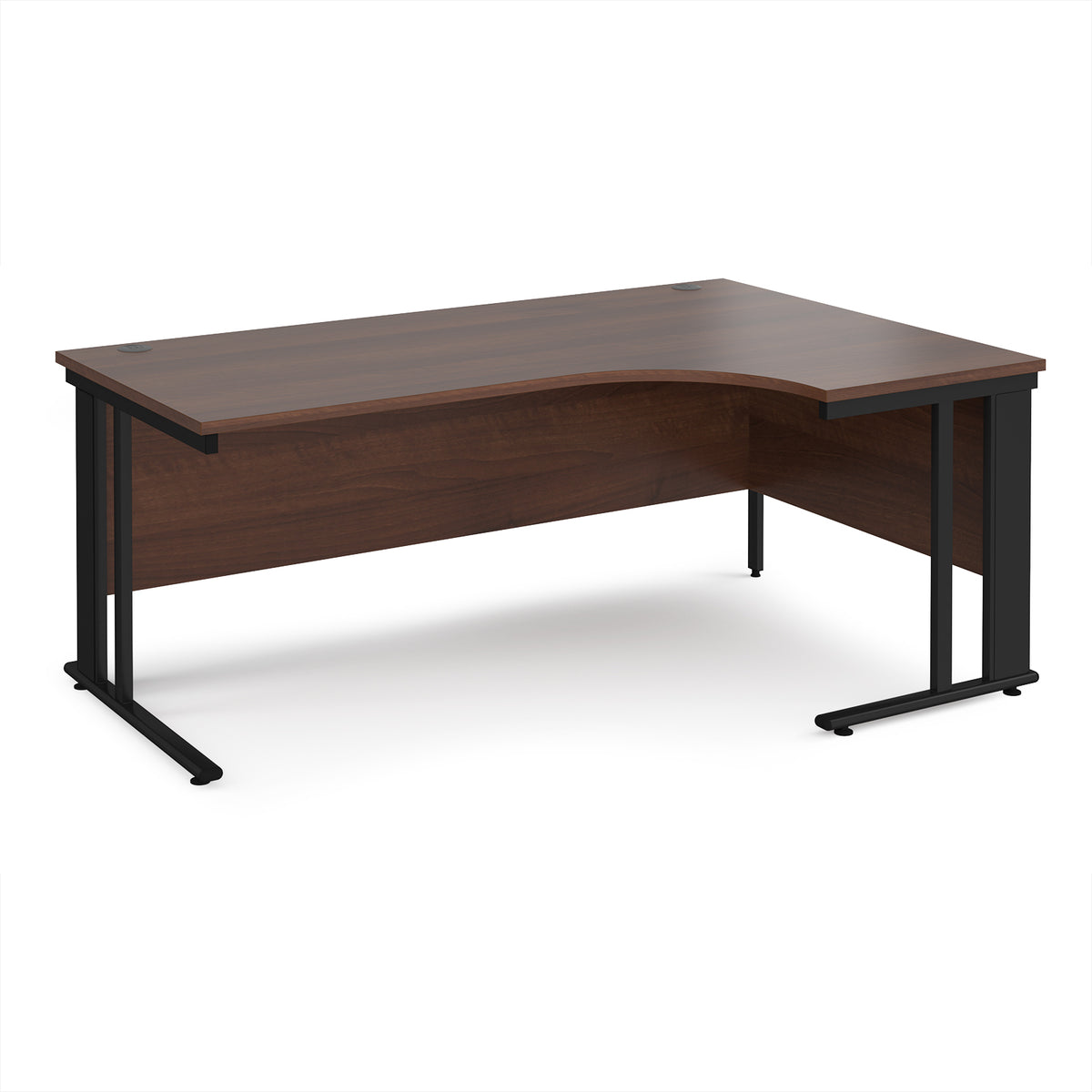 Maestro 25 right hand ergonomic desk 1800mm wide - black cable managed leg frame, Walnut top - view 1