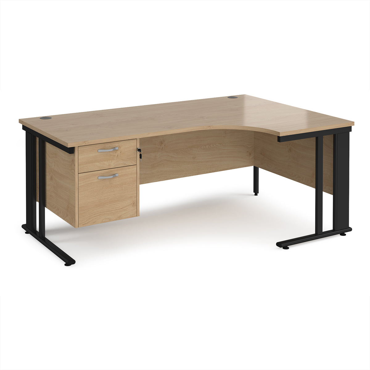 Maestro 25 right hand ergonomic desk 1800mm wide with 2 drawer pedestal - black cable managed leg frame, Kendal Oak Top - view 1