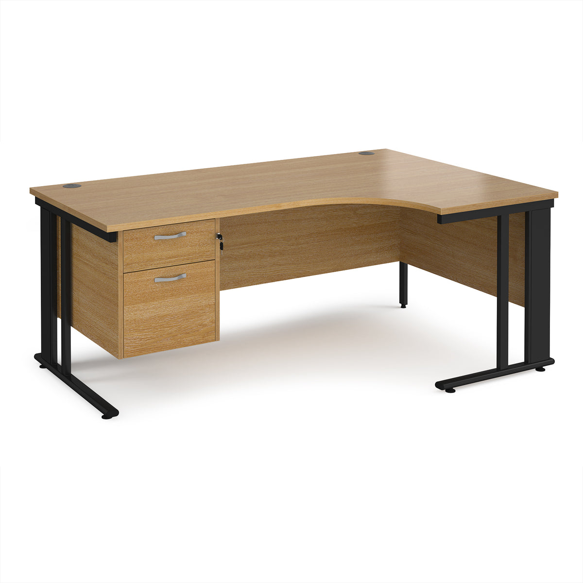 Maestro 25 right hand ergonomic desk 1800mm wide with 2 drawer pedestal - black cable managed leg frame, Oak Top - view 1