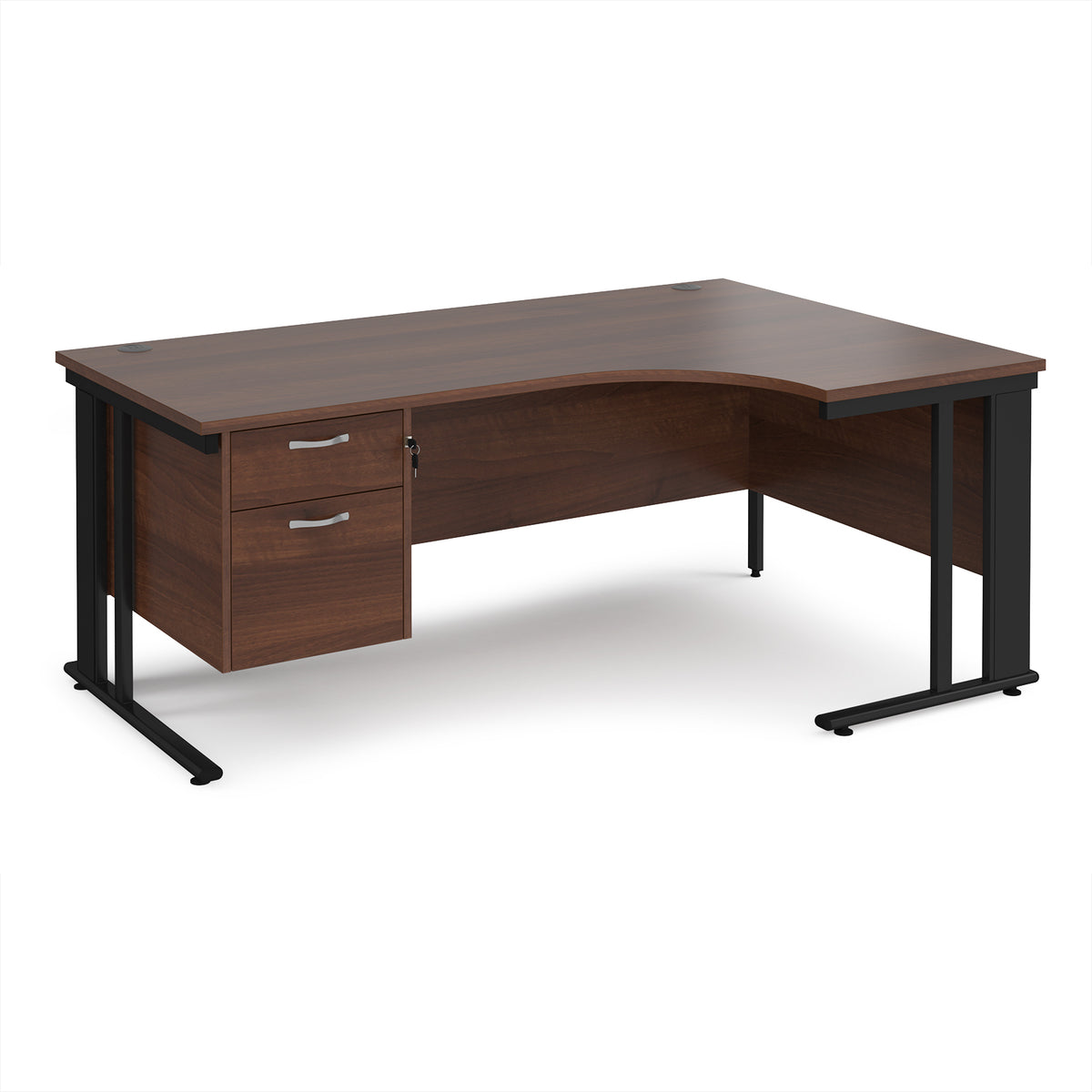 Maestro 25 right hand ergonomic desk 1800mm wide with 2 drawer pedestal - black cable managed leg frame, Walnut top - view 1