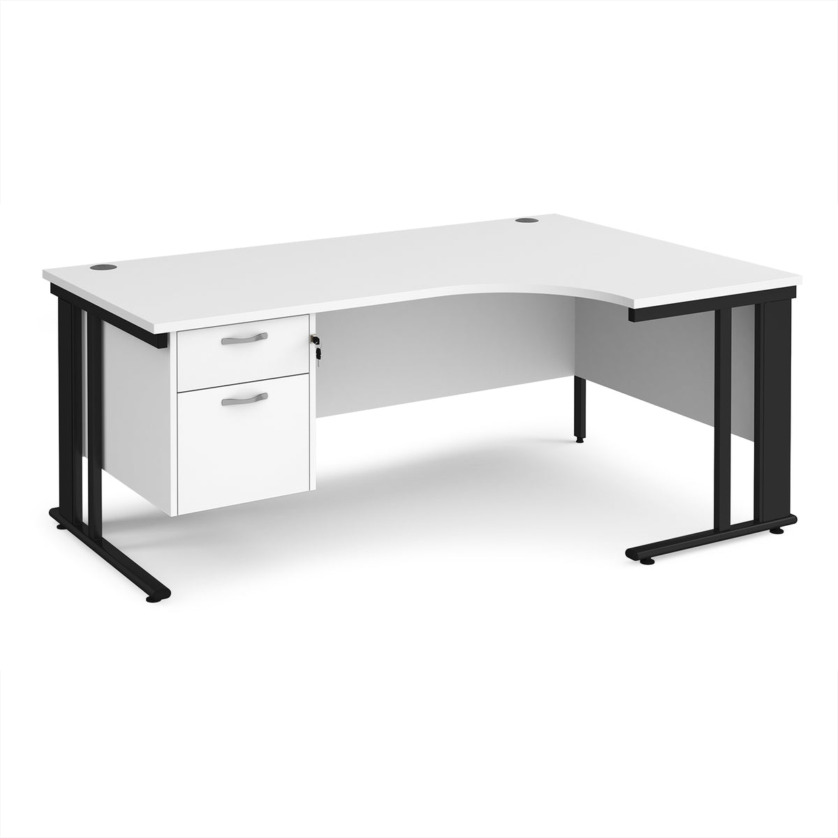 Maestro 25 right hand ergonomic desk 1800mm wide with 2 drawer pedestal - black cable managed leg frame, White Top - view 1
