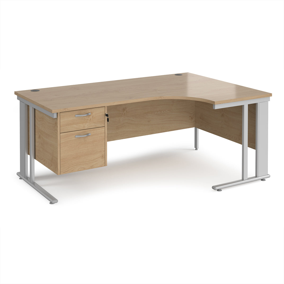 Maestro 25 right hand ergonomic desk 1800mm wide with 2 drawer pedestal - silver cable managed leg frame, Kendal Oak Top - view 1