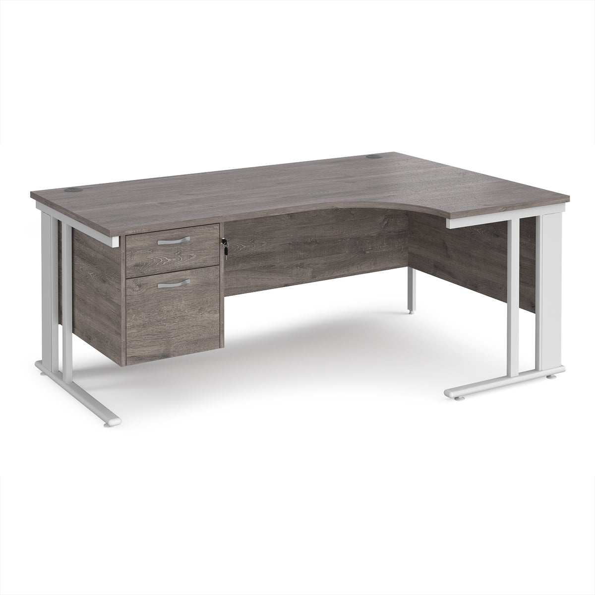 Maestro 25 right hand ergonomic desk 1800mm wide with 2 drawer pedestal - white cable managed leg frame, Grey Oak Top - view 1