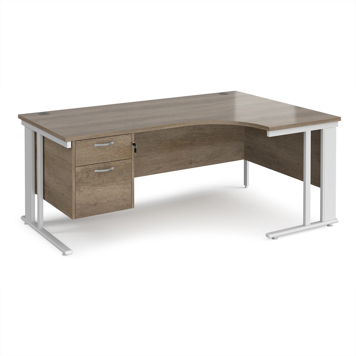 Maestro 25 right hand ergonomic desk 1800mm wide with 2 drawer pedestal - white cable managed leg frame, Nebraska Oak Top - view 1