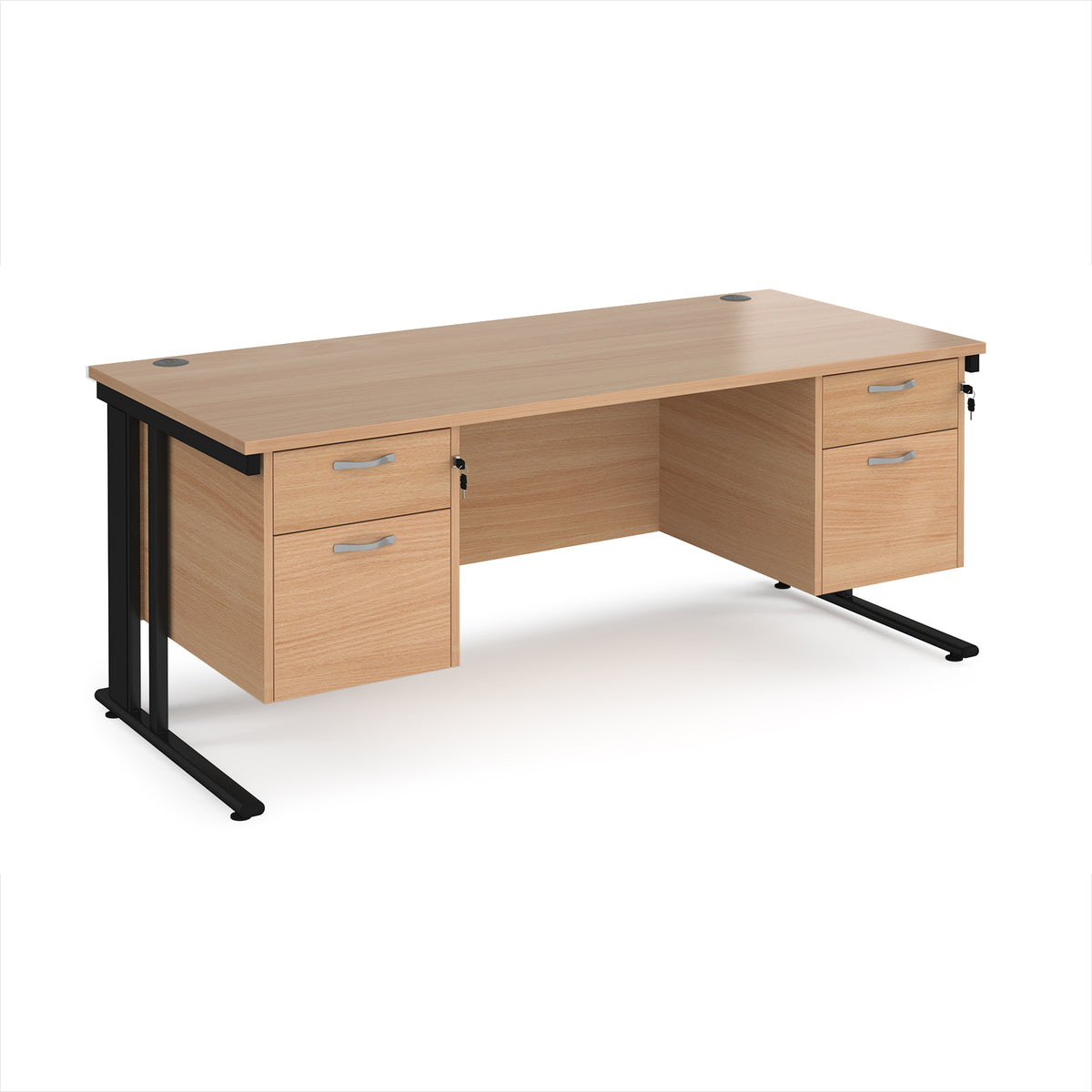 Maestro 25 straight desk 1800mm x 800mm with two x 2 drawer pedestals - black cable managed leg frame, Beech top - view 1