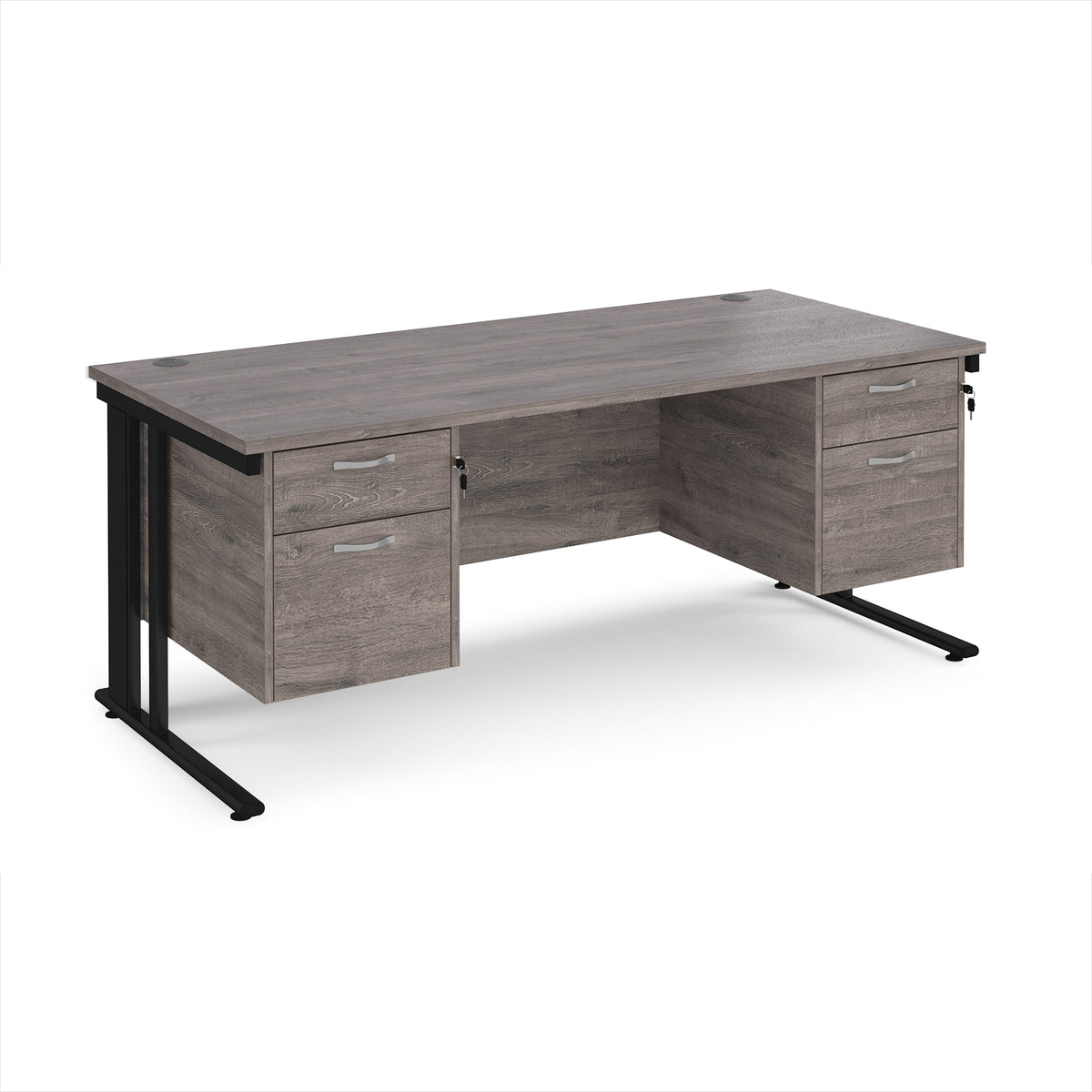 Maestro 25 straight desk 1800mm x 800mm with two x 2 drawer pedestals - black cable managed leg frame, Grey Oak Top - view 1
