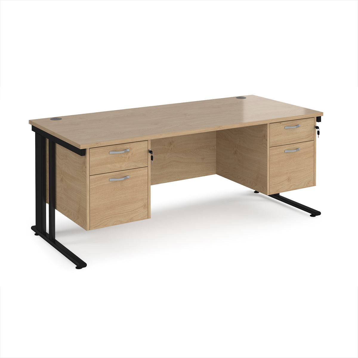 Maestro 25 straight desk 1800mm x 800mm with two x 2 drawer pedestals - black cable managed leg frame, Kendal Oak Top - view 1