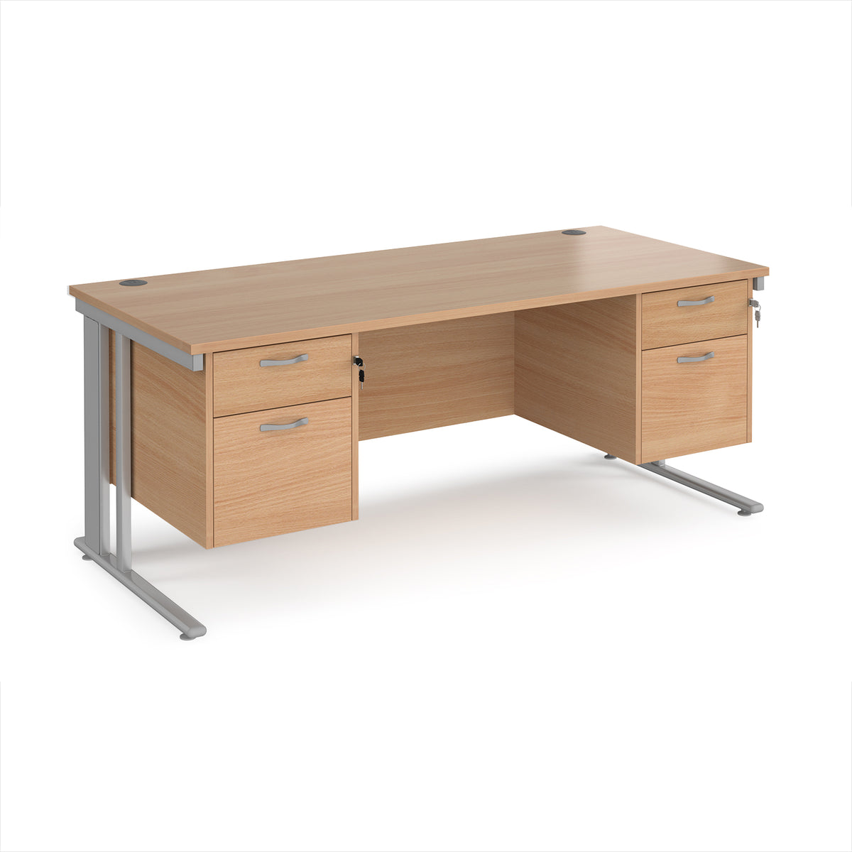 Maestro 25 straight desk 1800mm x 800mm with two x 2 drawer pedestals - silver cable managed leg frame, Beech top - view 1
