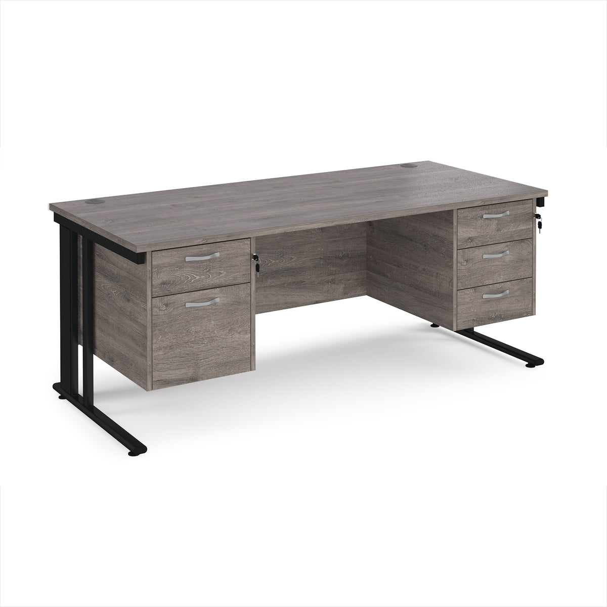 Maestro 25 straight desk 1800mm x 800mm with 2 and 3 drawer pedestals - black cable managed leg frame, Grey Oak Top - view 1