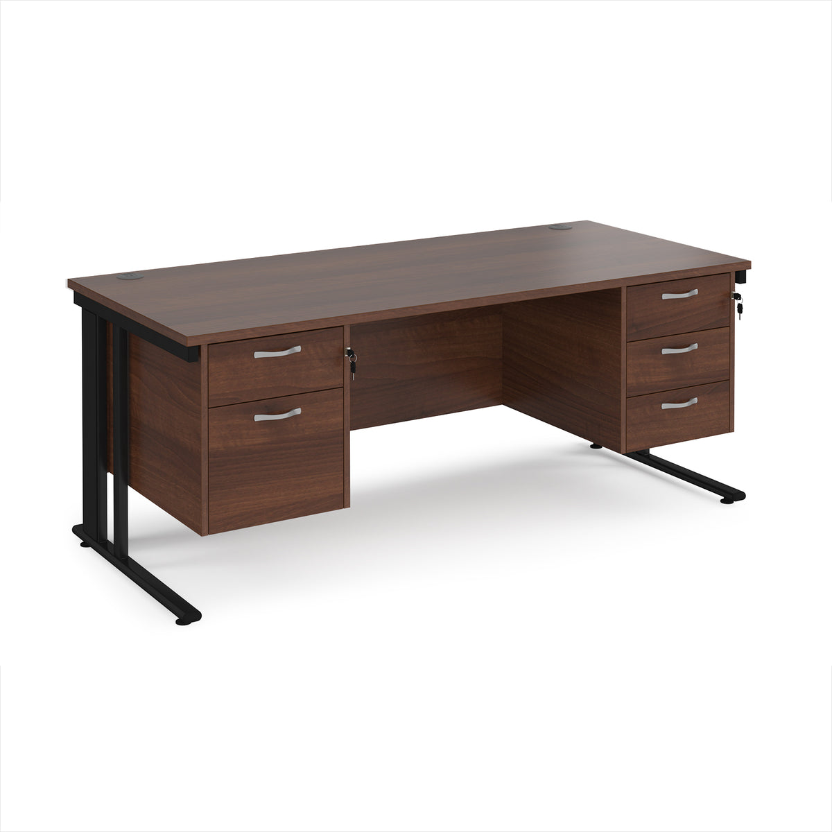 Maestro 25 straight desk 1800mm x 800mm with 2 and 3 drawer pedestals - black cable managed leg frame, Walnut top - view 1