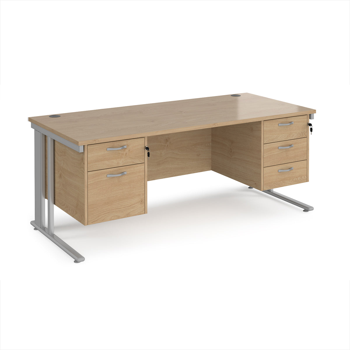 Maestro 25 straight desk 1800mm x 800mm with 2 and 3 drawer pedestals - silver cable managed leg frame, Kendal Oak Top - view 1