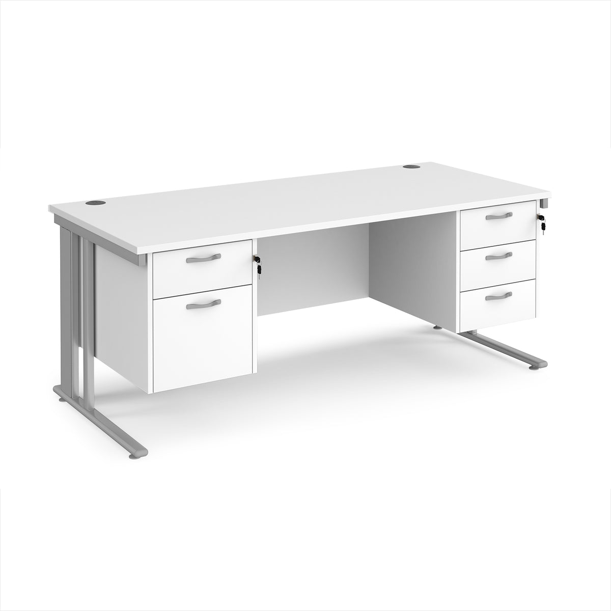 Maestro 25 straight desk 1800mm x 800mm with 2 and 3 drawer pedestals - silver cable managed leg frame, White Top - view 1