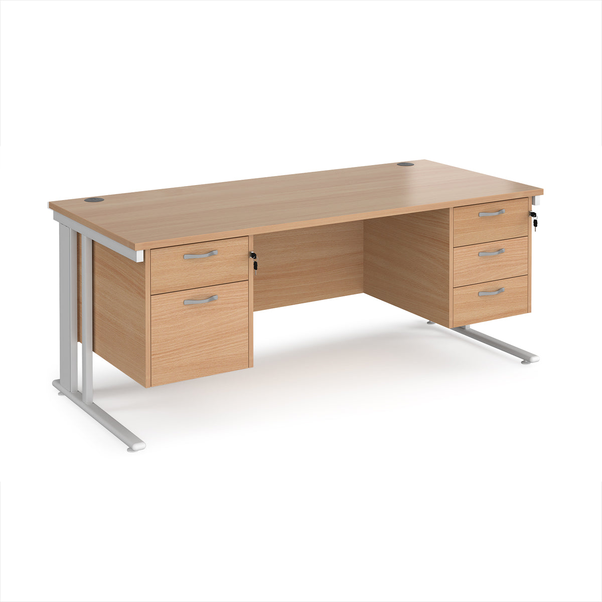 Maestro 25 straight desk 1800mm x 800mm with 2 and 3 drawer pedestals - white cable managed leg frame, Beech top - view 1