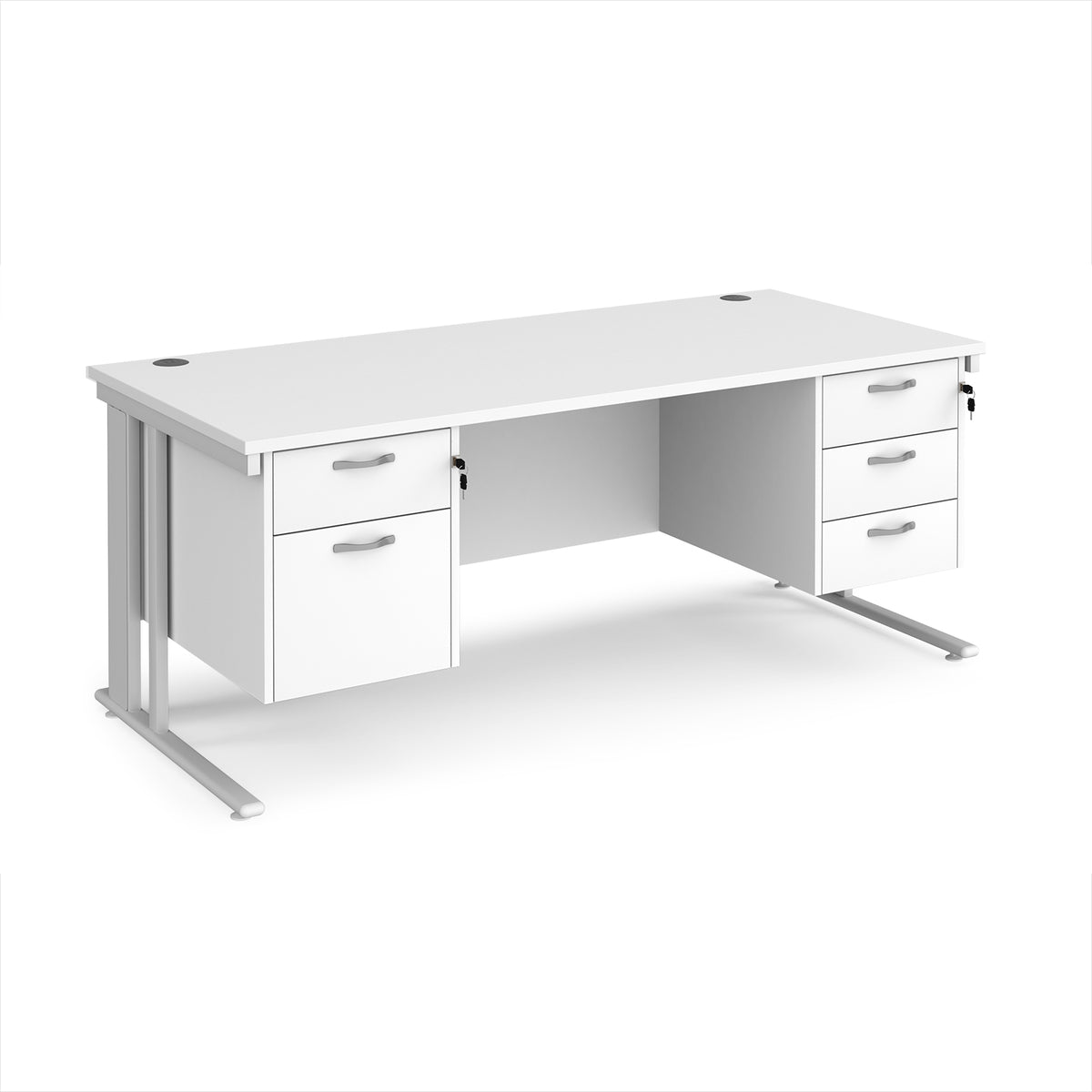 Maestro 25 straight desk 1800mm x 800mm with 2 and 3 drawer pedestals - white cable managed leg frame, White Top - view 1