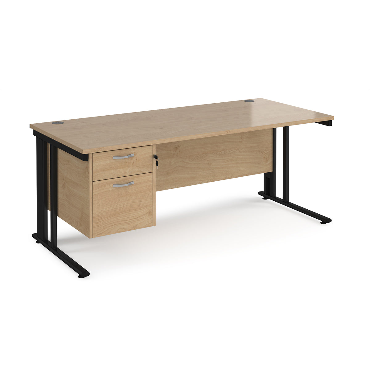Maestro 25 straight desk 1800mm x 800mm with 2 drawer pedestal - black cable managed leg frame, Kendal Oak Top - view 1