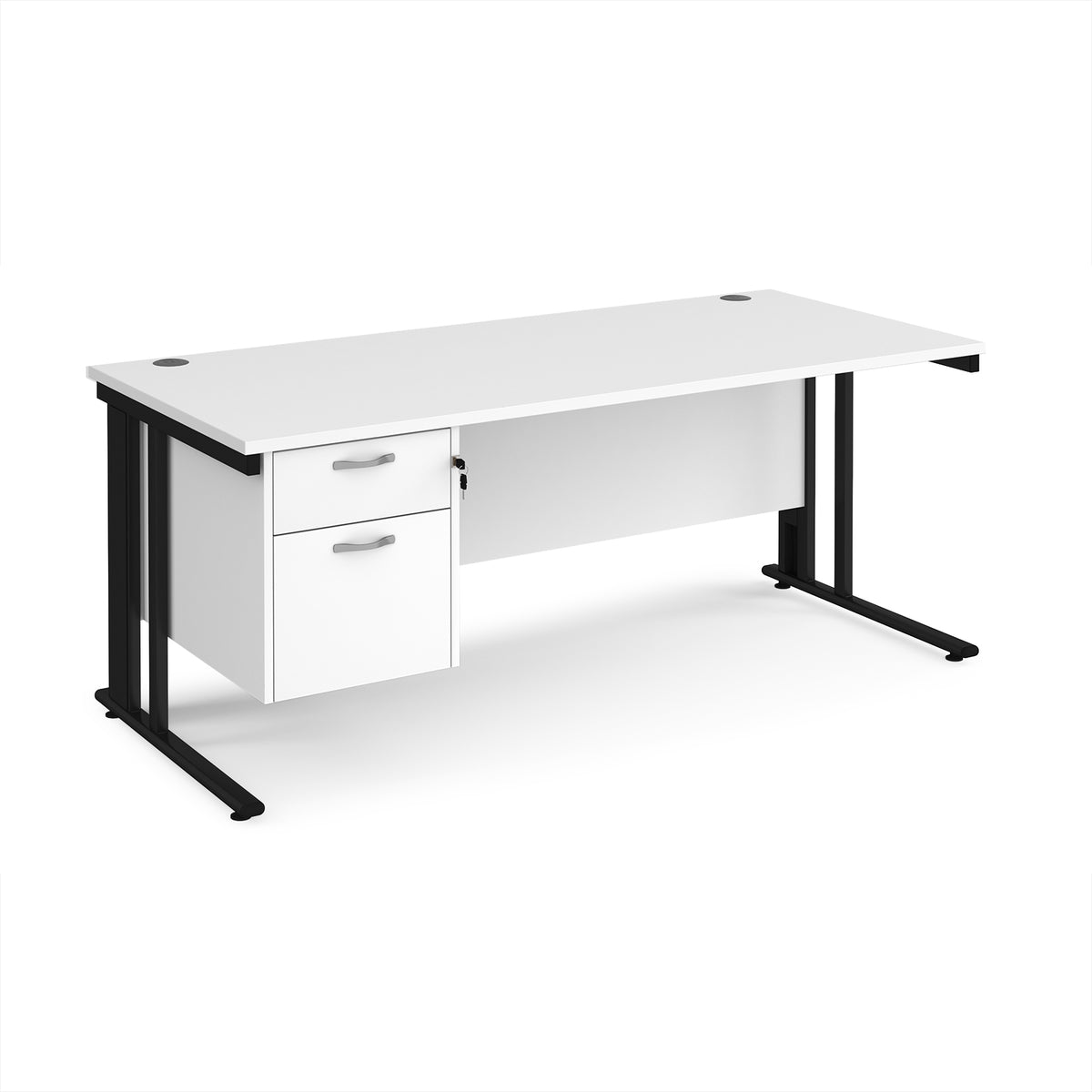 Maestro 25 straight desk 1800mm x 800mm with 2 drawer pedestal - black cable managed leg frame, White Top - view 1