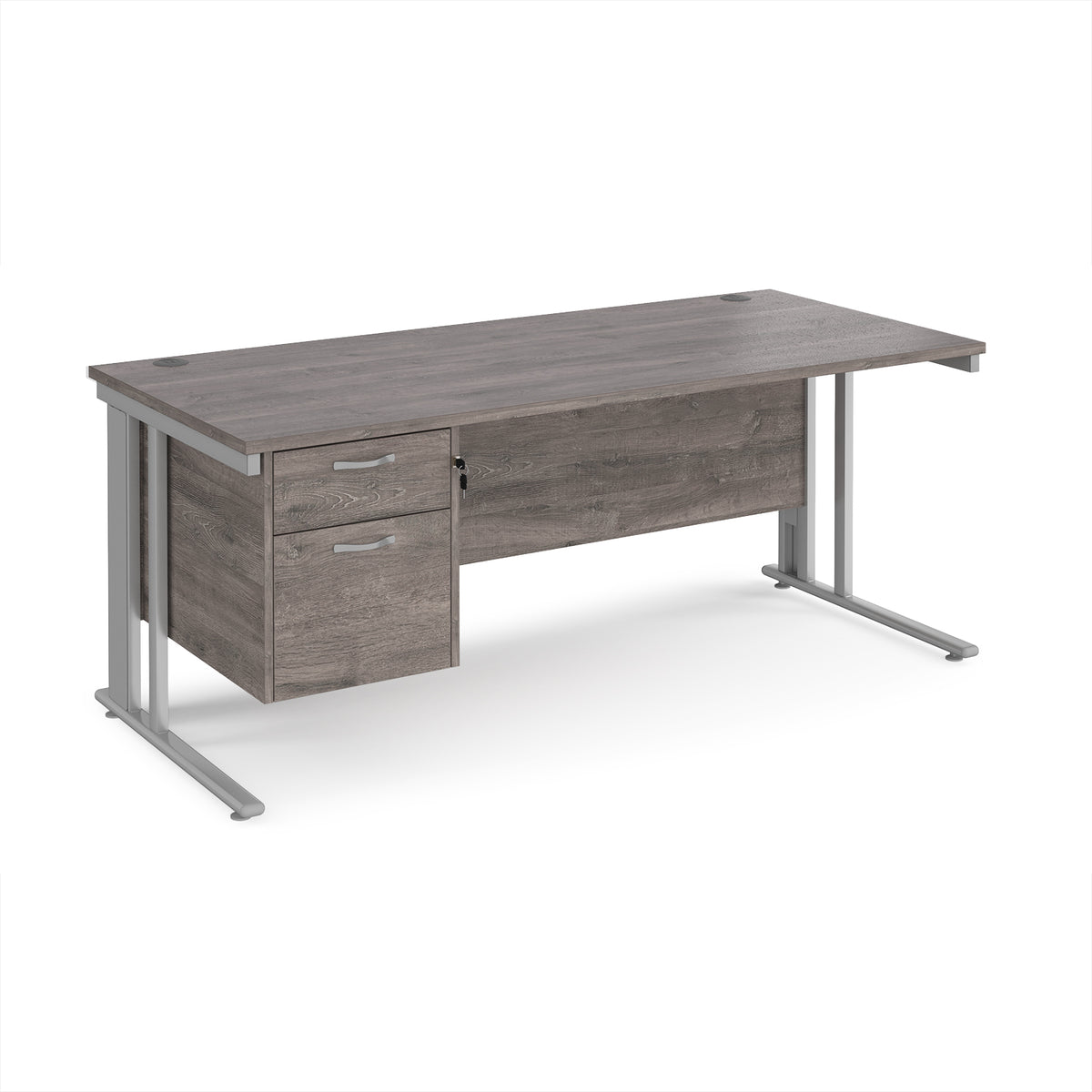 Maestro 25 straight desk 1800mm x 800mm with 2 drawer pedestal - silver cable managed leg frame, Grey Oak Top - view 1