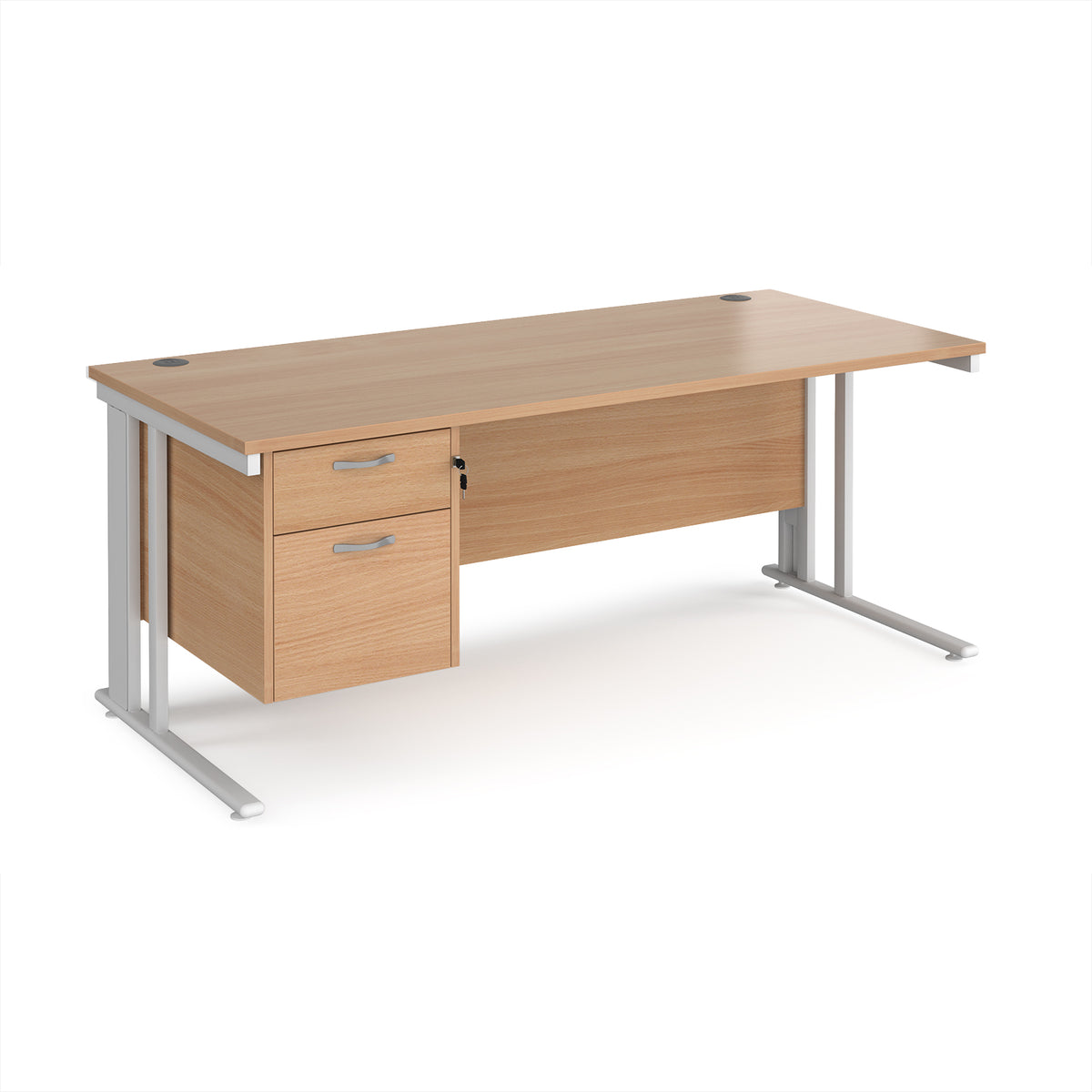 Maestro 25 straight desk 1800mm x 800mm with 2 drawer pedestal - white cable managed leg frame, Beech top - view 1