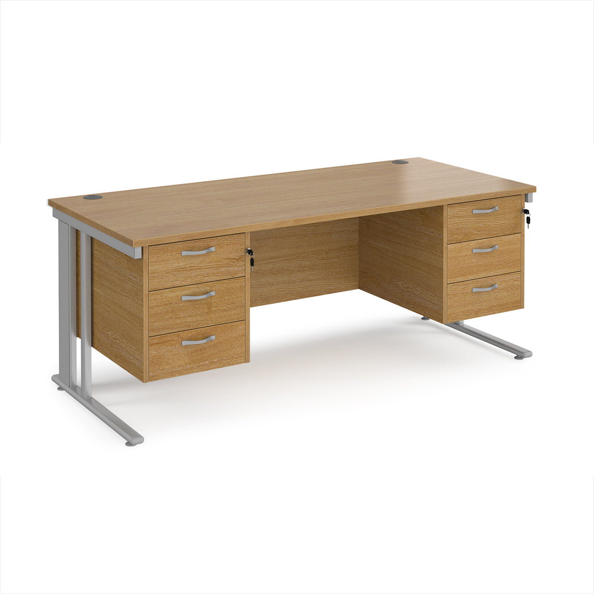 Maestro 25 straight desk 1800mm x 800mm with two x 3 drawer pedestals - silver cable managed leg frame, Oak Top - view 1