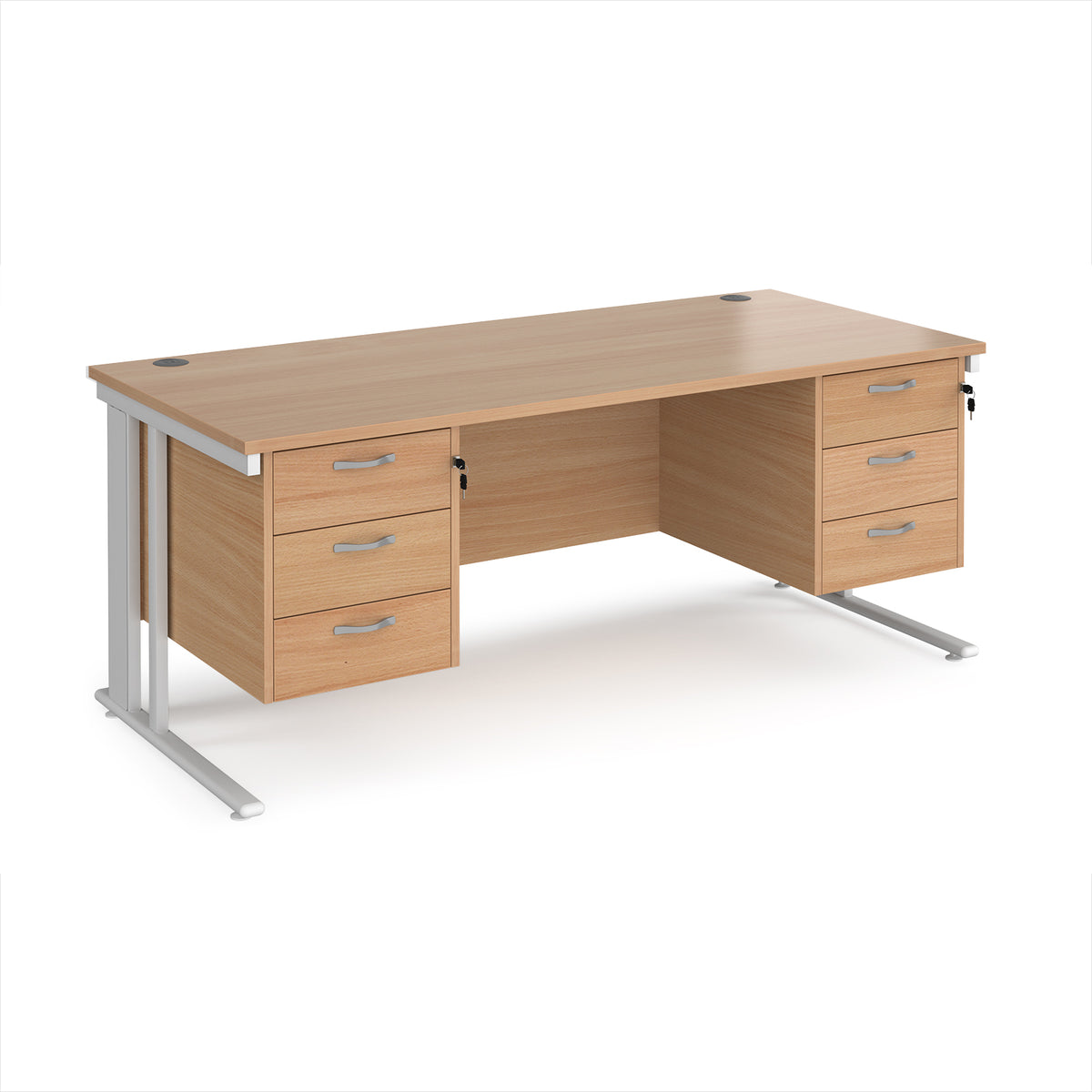 Maestro 25 straight desk 1800mm x 800mm with two x 3 drawer pedestals - white cable managed leg frame, Beech top - view 1
