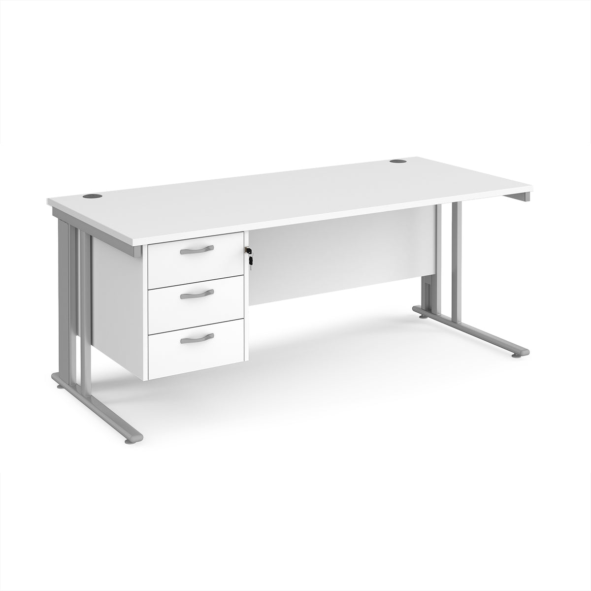 Maestro 25 straight desk 1800mm x 800mm with 3 drawer pedestal - silver cable managed leg frame, White Top - view 1