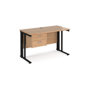 Maestro 25 straight desk 1200mm x 600mm with 2 drawer pedestal - black cable managed leg frame, Beech top - view 1