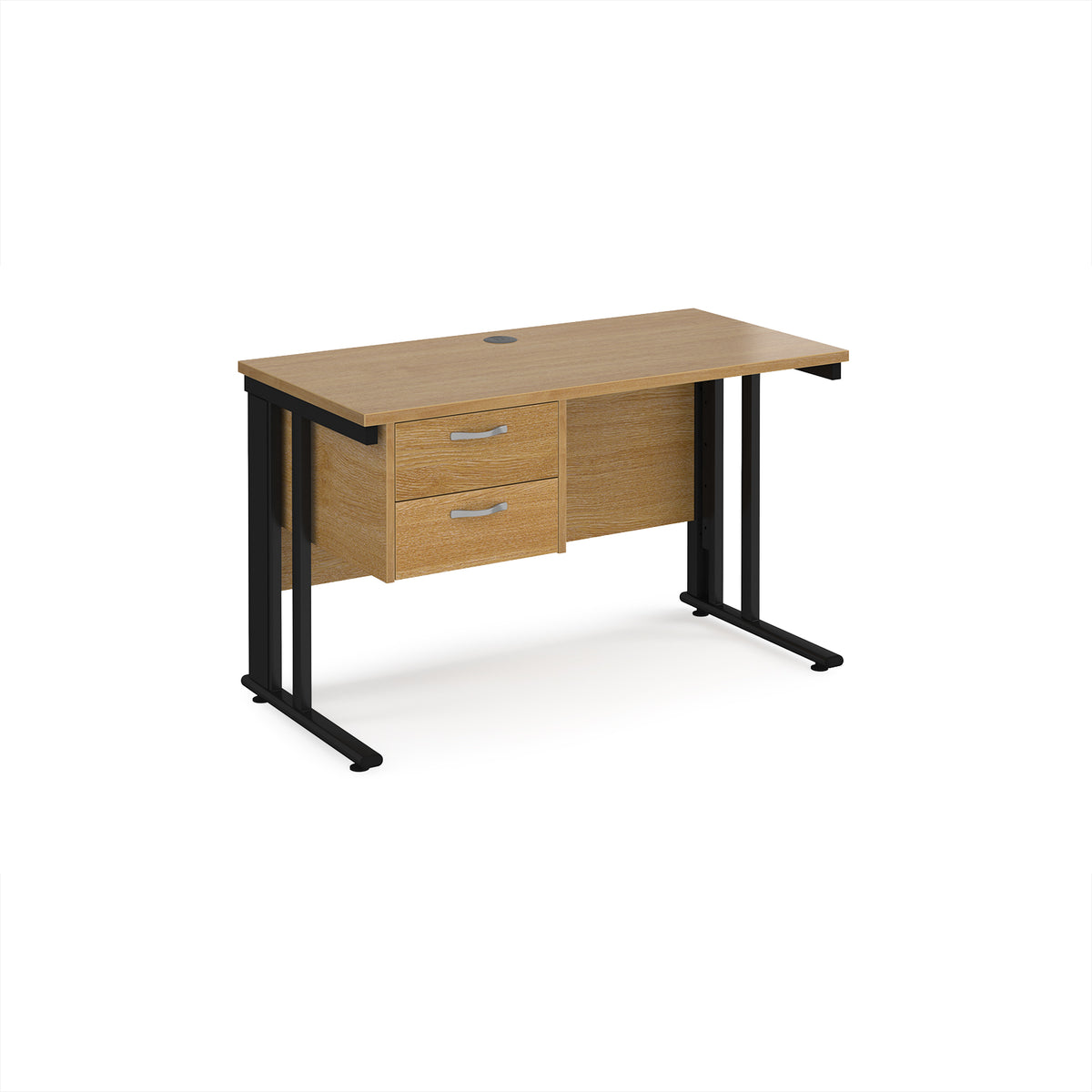 Maestro 25 straight desk 1200mm x 600mm with 2 drawer pedestal - black cable managed leg frame, Oak Top - view 1