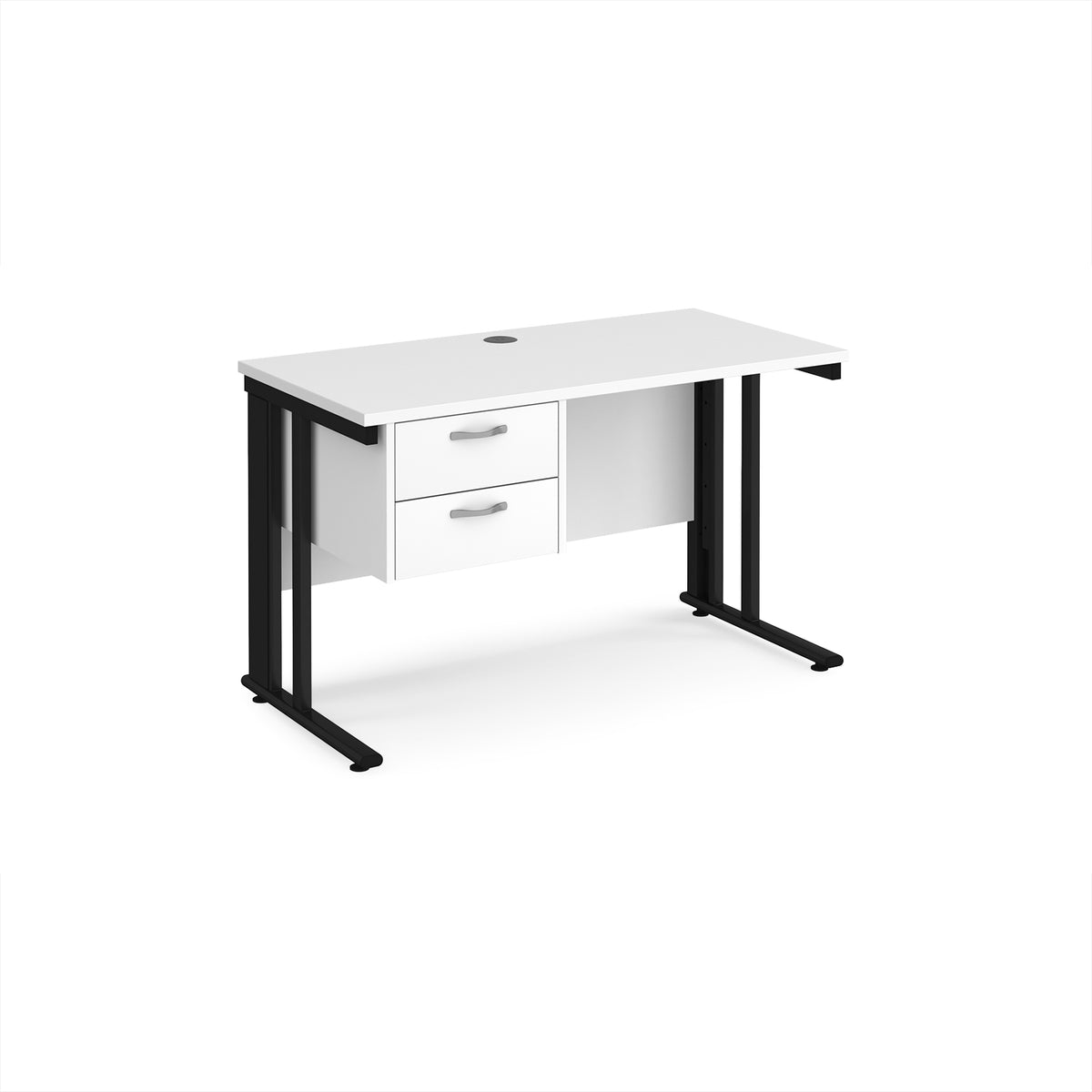 Maestro 25 straight desk 1200mm x 600mm with 2 drawer pedestal - black cable managed leg frame, White Top - view 1