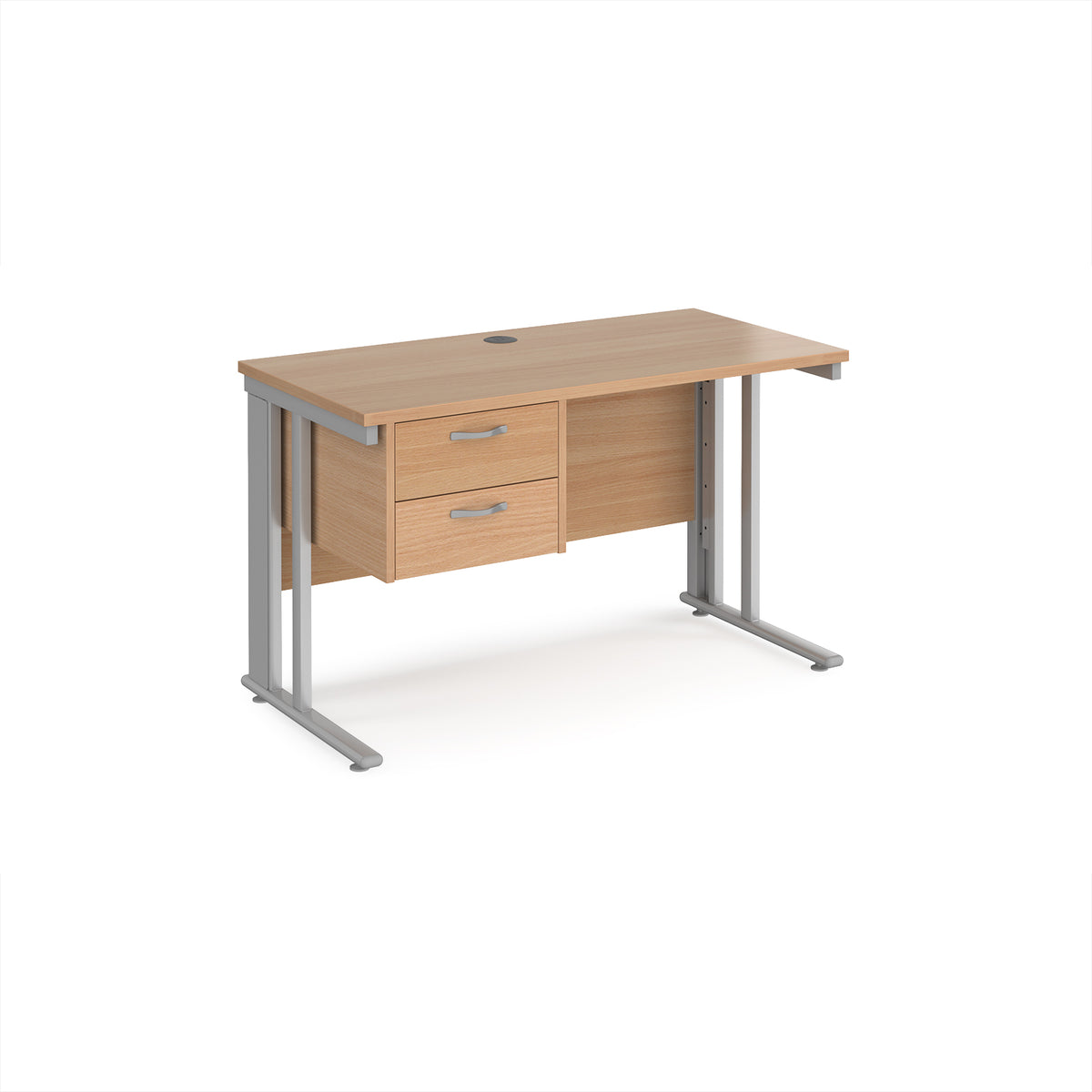 Maestro 25 straight desk 1200mm x 600mm with 2 drawer pedestal - silver cable managed leg frame, Beech top - view 1