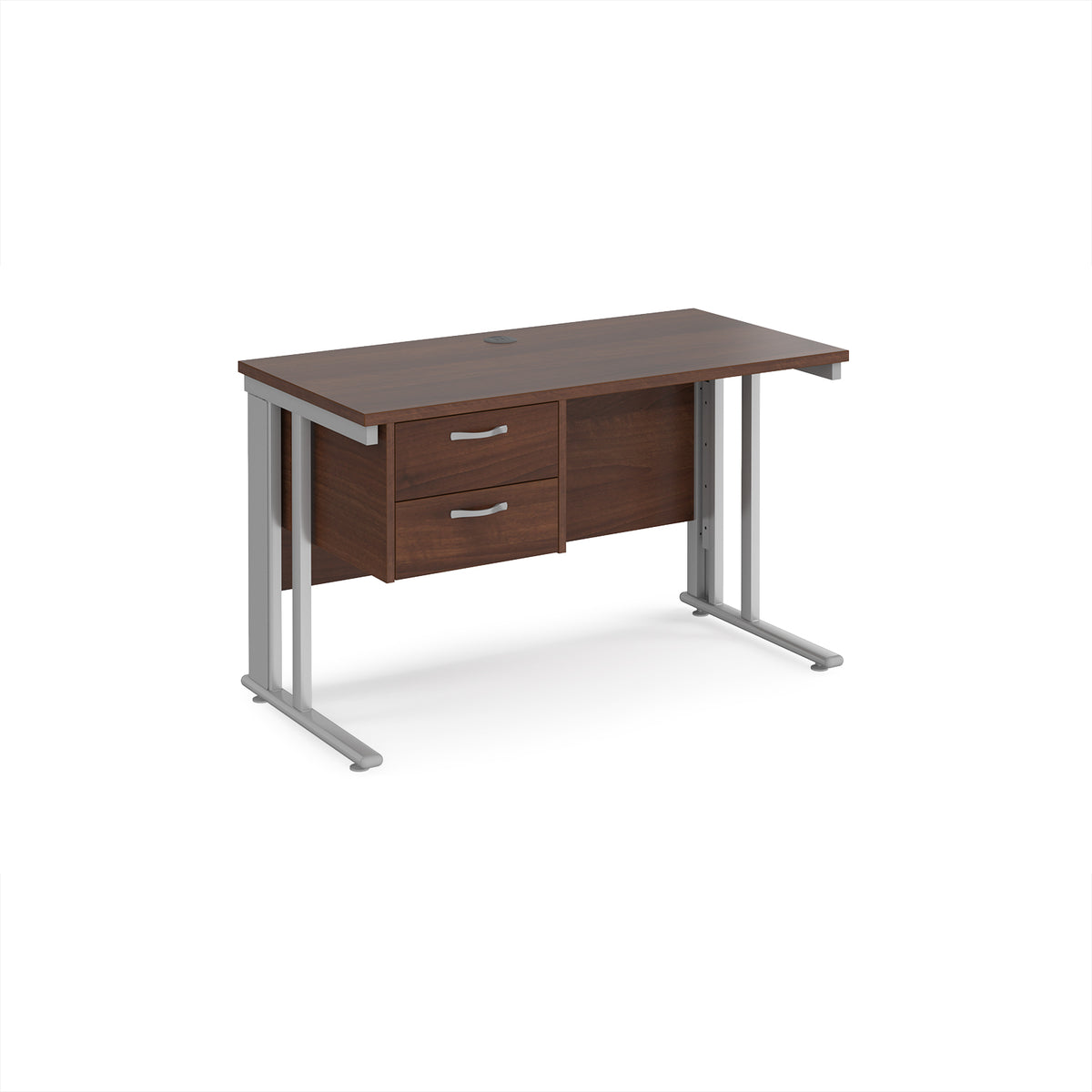 Maestro 25 straight desk 1200mm x 600mm with 2 drawer pedestal - silver cable managed leg frame, Walnut top - view 1