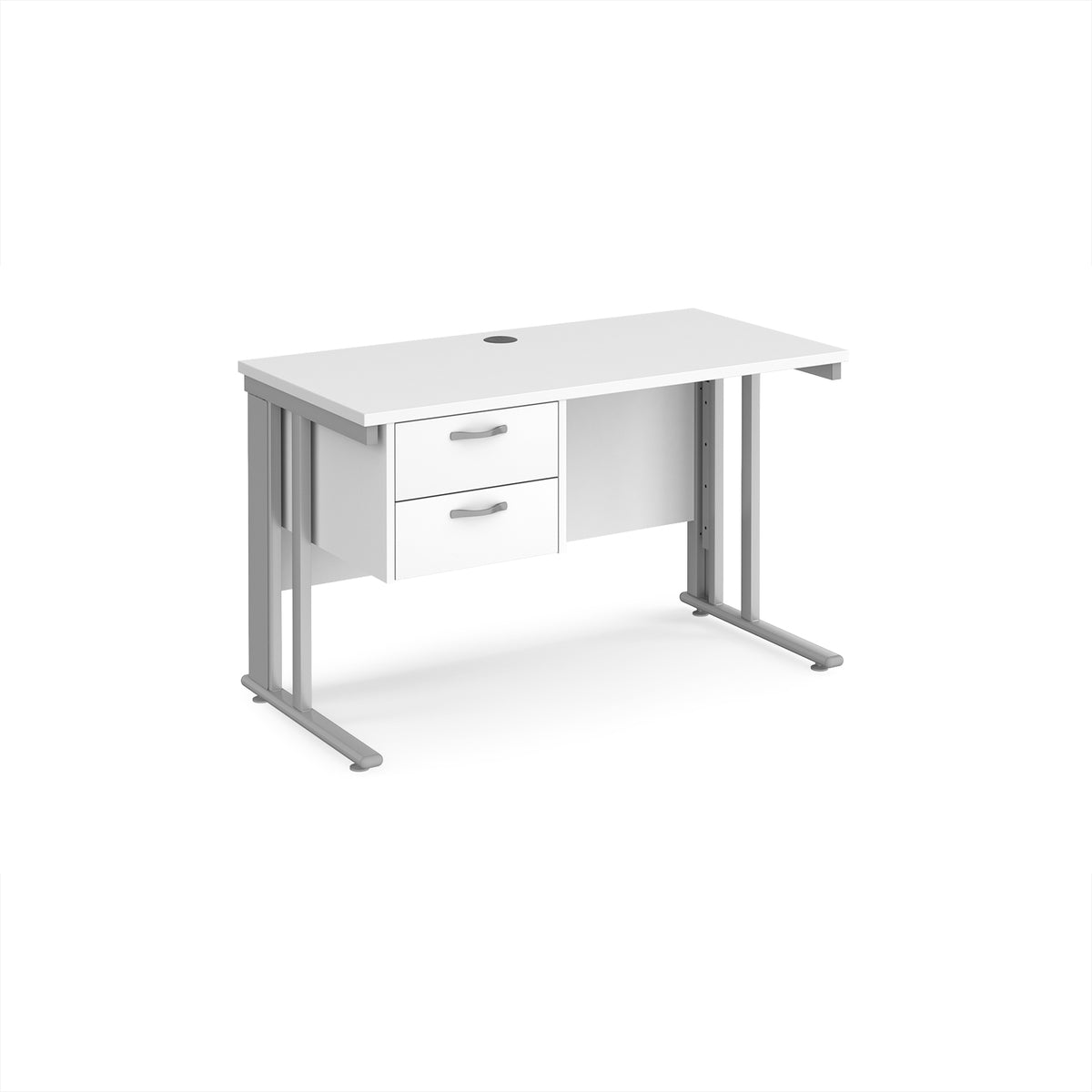 Maestro 25 straight desk 1200mm x 600mm with 2 drawer pedestal - silver cable managed leg frame, White Top - view 1