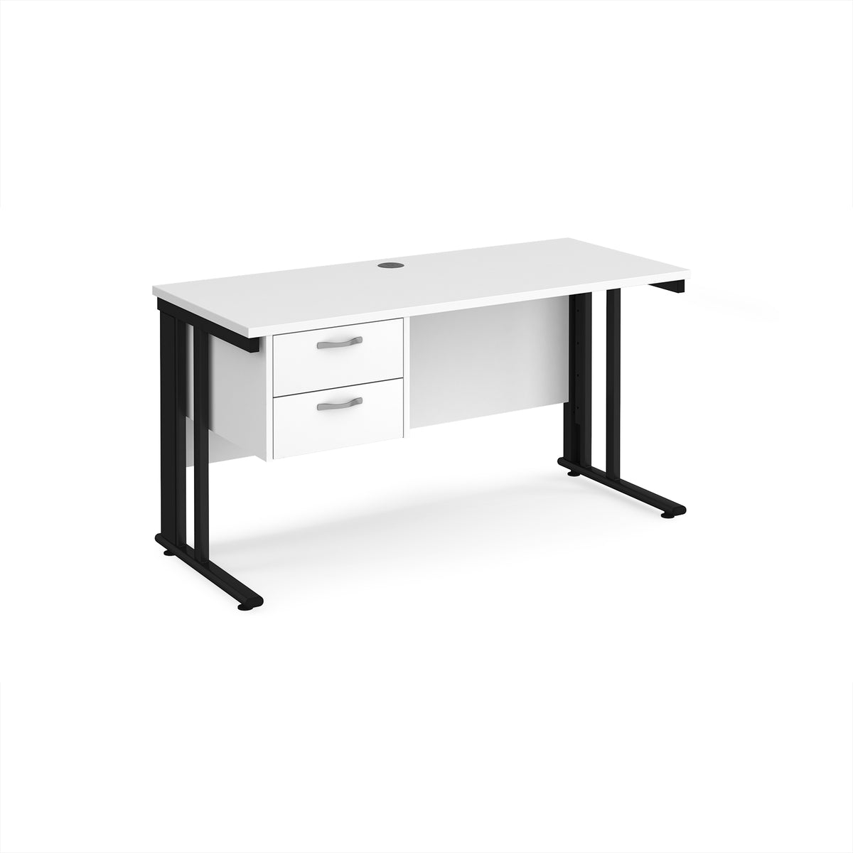 Maestro 25 straight desk 1400mm x 600mm with 2 drawer pedestal - black cable managed leg frame, White Top - view 1