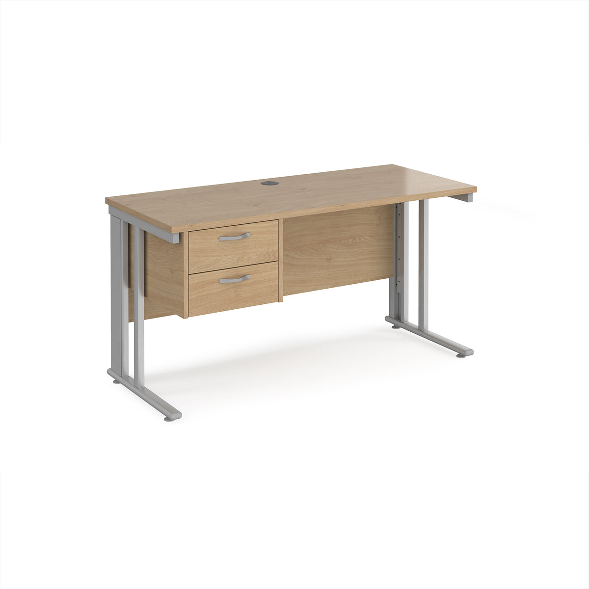 Maestro 25 straight desk 1400mm x 600mm with 2 drawer pedestal - silver cable managed leg frame leg, Kendal Oak Top - view 1