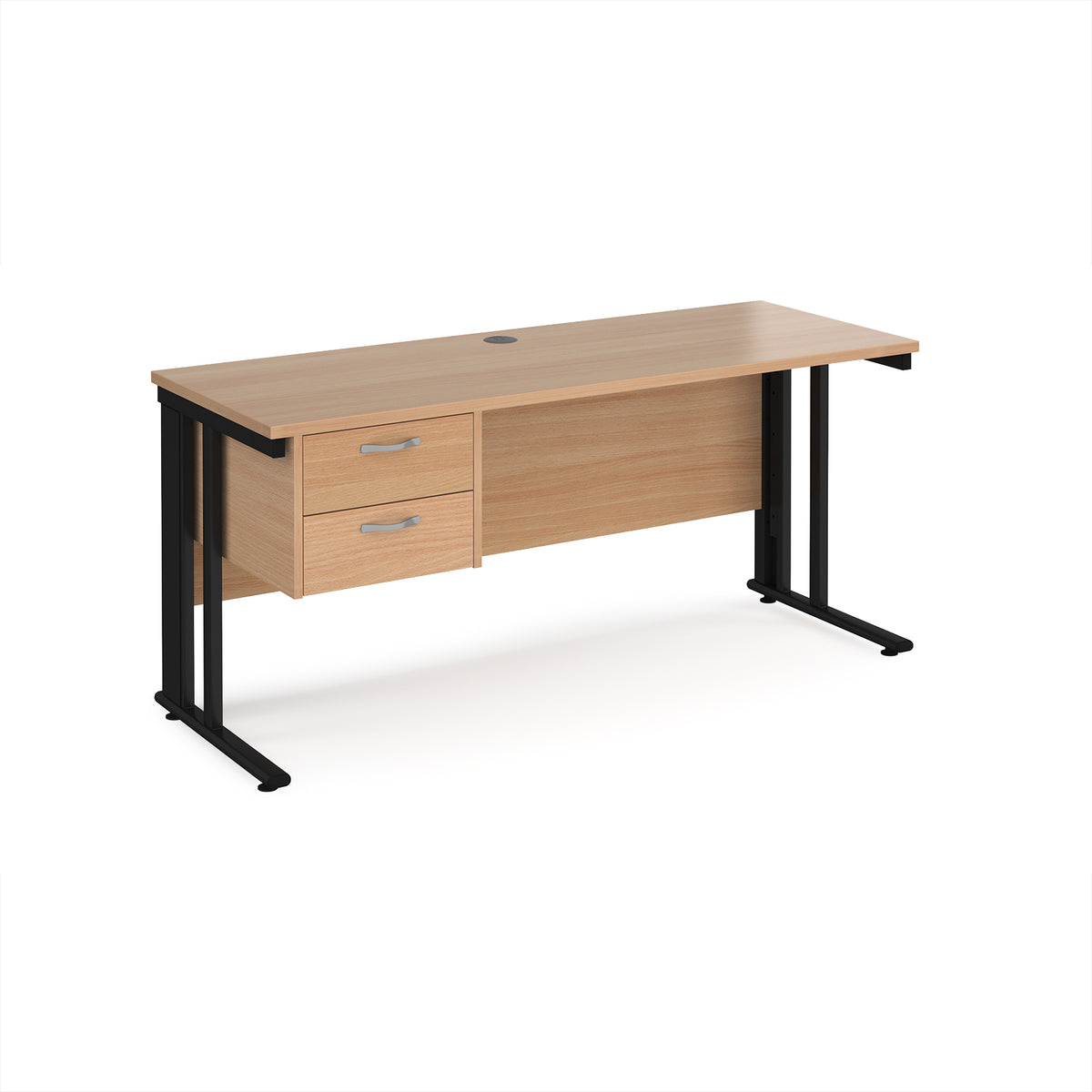 Maestro 25 straight desk 1600mm x 600mm with 2 drawer pedestal - black cable managed leg frame, Beech top - view 1