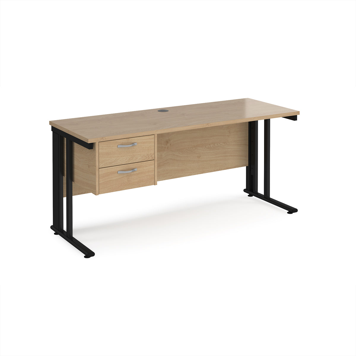 Maestro 25 straight desk 1600mm x 600mm with 2 drawer pedestal - black cable managed leg frame leg, Kendal Oak Top - view 1