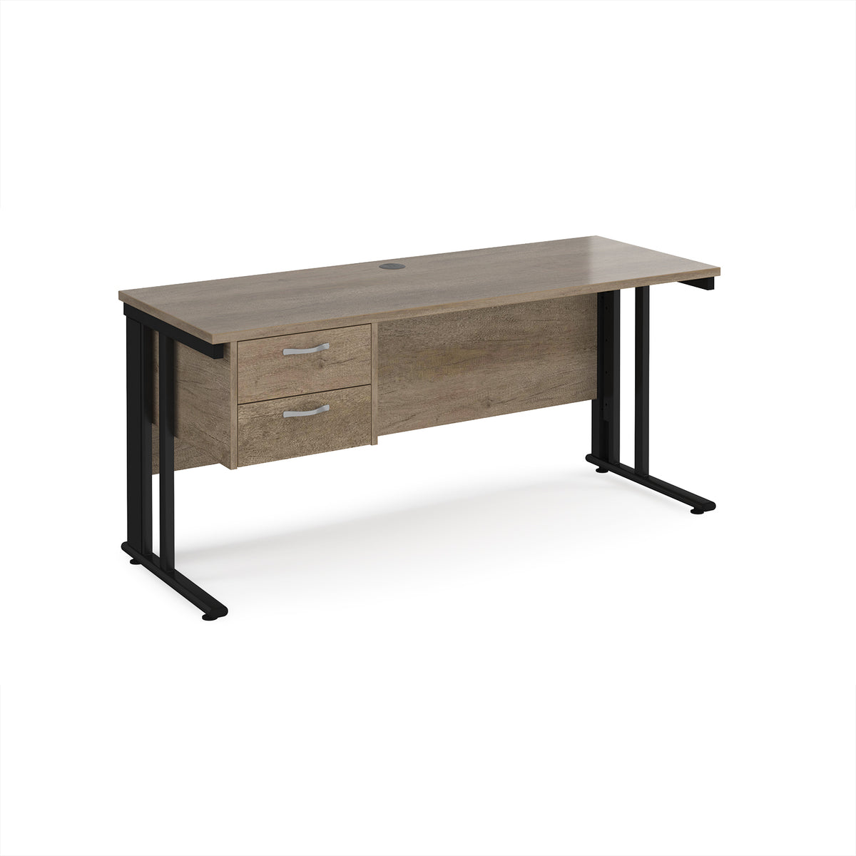 Maestro 25 straight desk 1600mm x 600mm with 2 drawer pedestal - black cable managed leg frame leg, Nebraska Oak Top - view 1