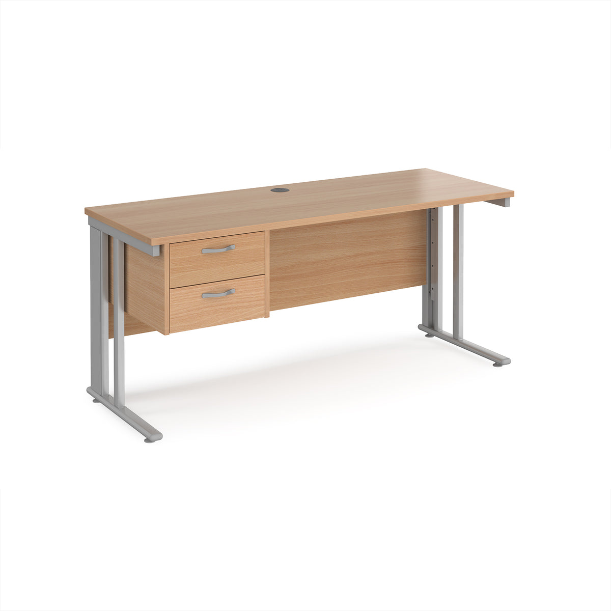 Maestro 25 straight desk 1600mm x 600mm with 2 drawer pedestal - silver cable managed leg frame, Beech top - view 1