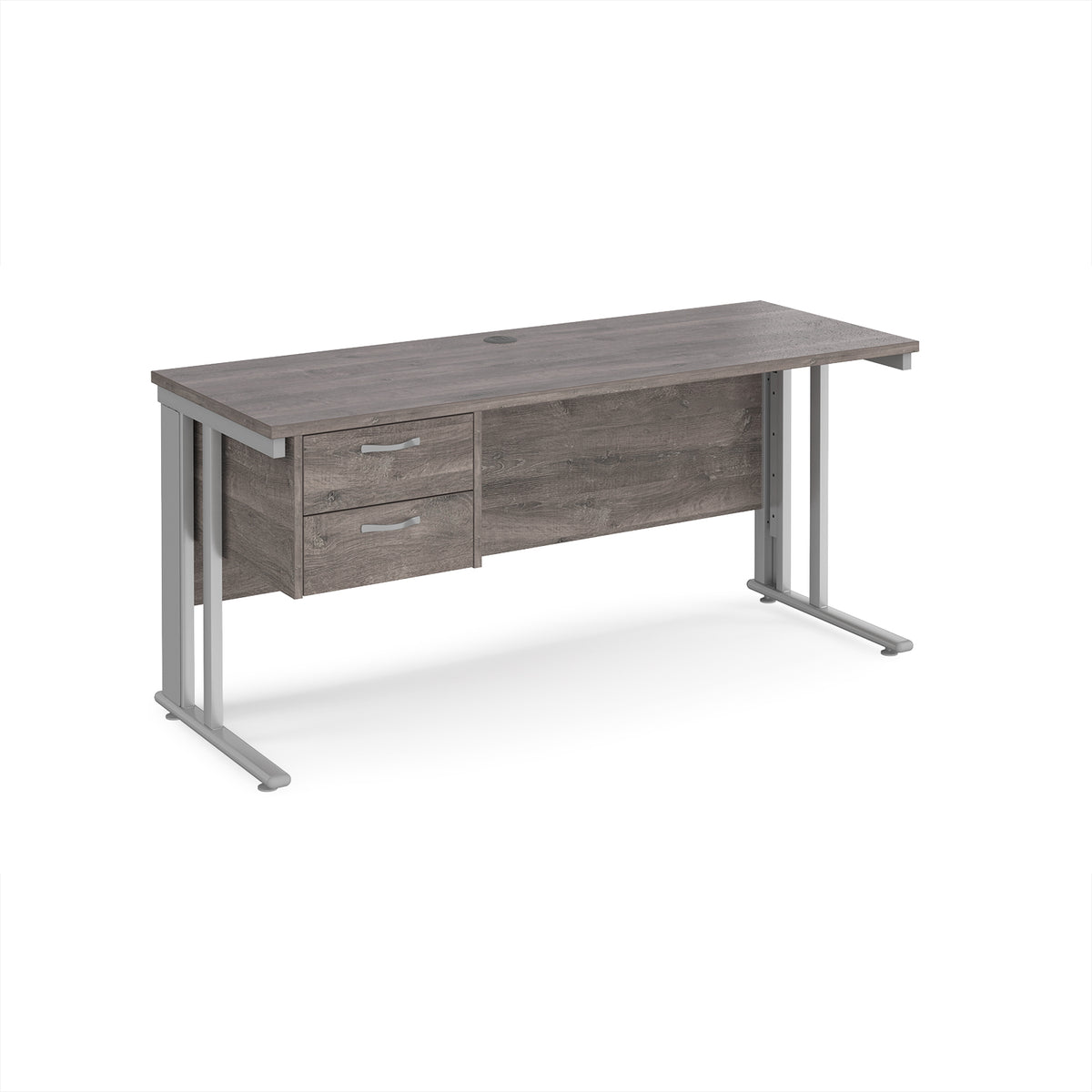 Maestro 25 straight desk 1600mm x 600mm with 2 drawer pedestal - silver cable managed leg frame leg, Grey Oak Top - view 1