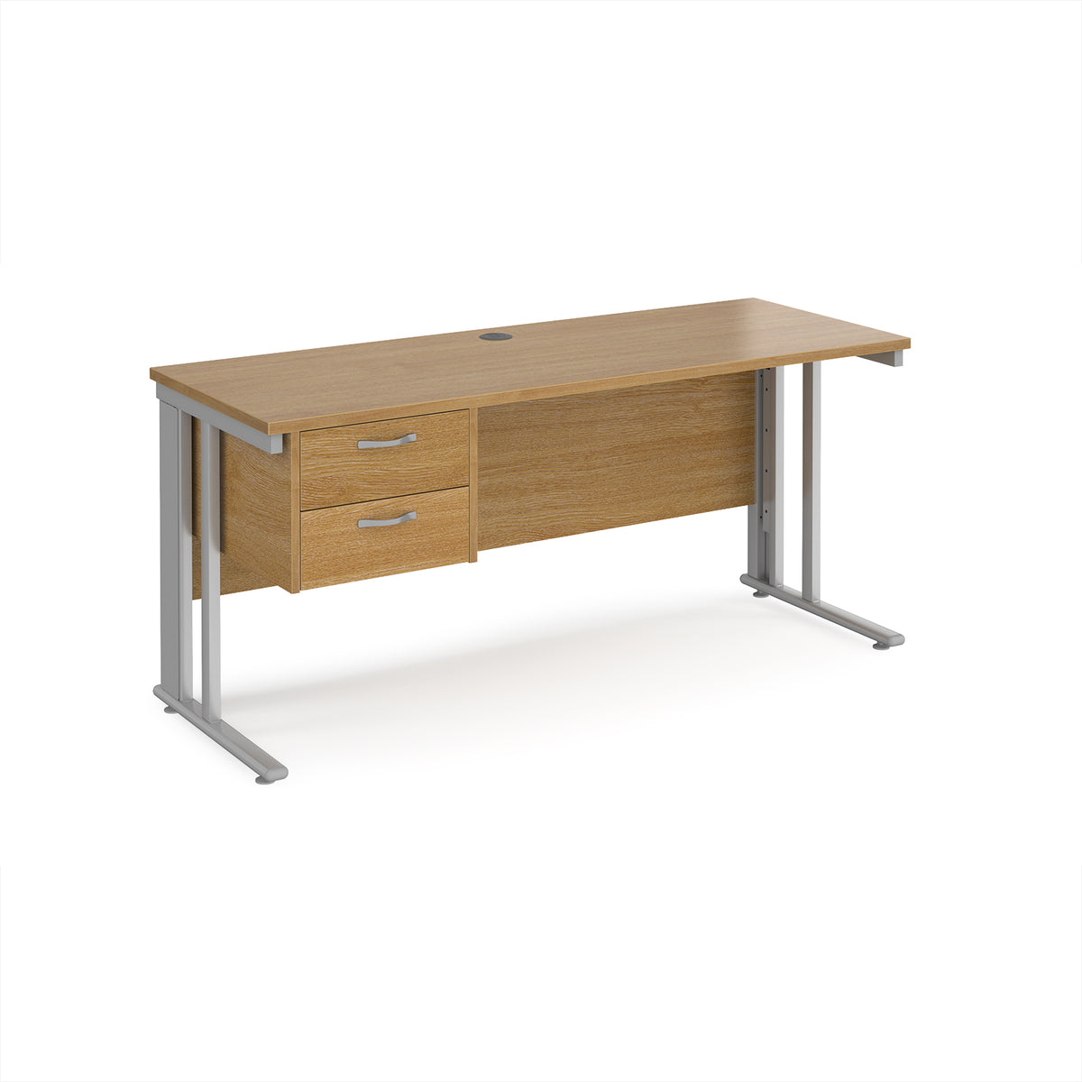 Maestro 25 straight desk 1600mm x 600mm with 2 drawer pedestal - silver cable managed leg frame, Oak Top - view 1