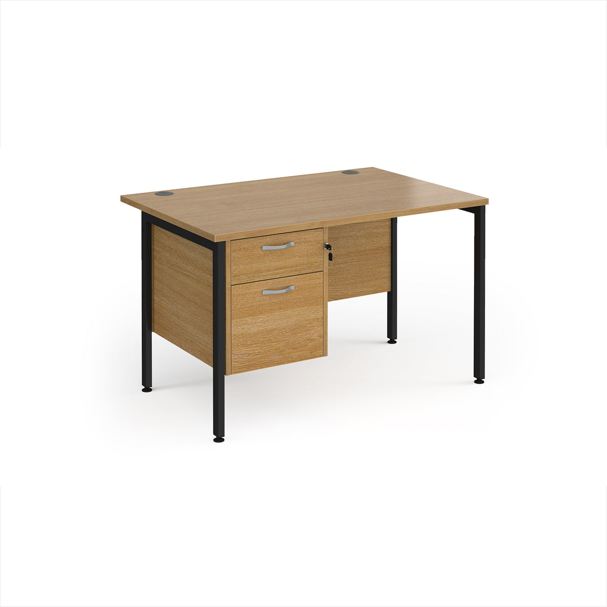 Maestro 25 straight desk 1200mm x 800mm with 2 drawer pedestal - black H-frame leg, Oak Top - view 1