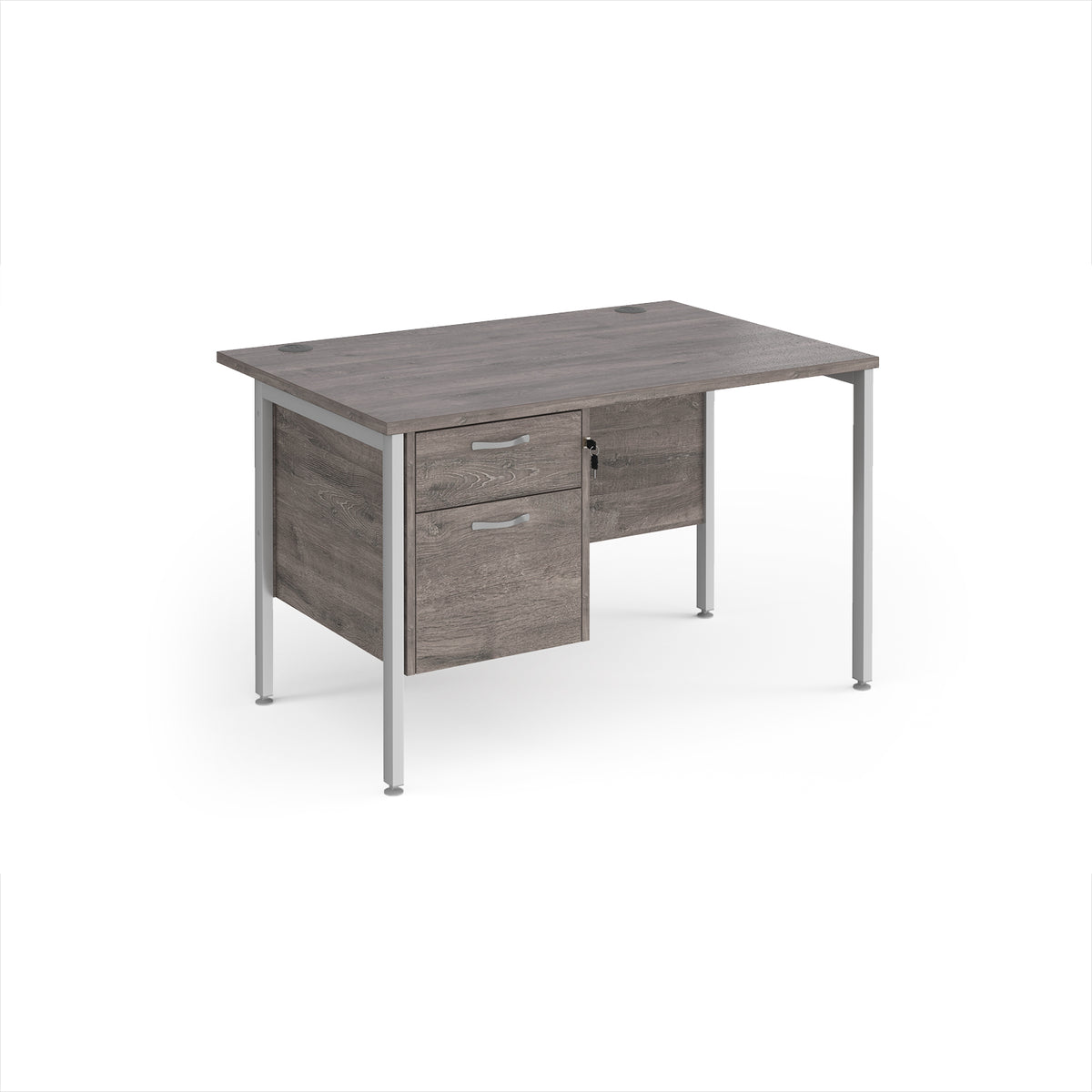 Maestro 25 straight desk 1200mm x 800mm with 2 drawer pedestal - silver H-frame leg, Grey Oak Top - view 1