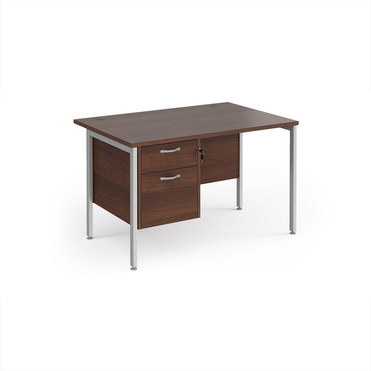 Maestro 25 straight desk 1200mm x 800mm with 2 drawer pedestal - silver H-frame leg, Walnut top - view 1